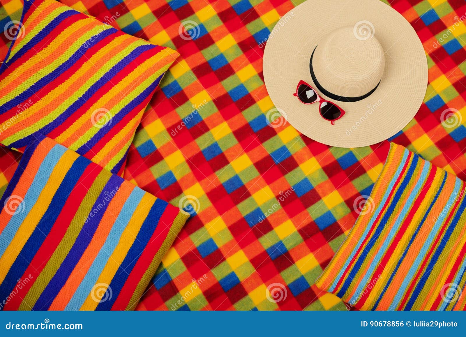 Colorful Rug and Pillows for a Summer Picnic. Stock Photo Image of