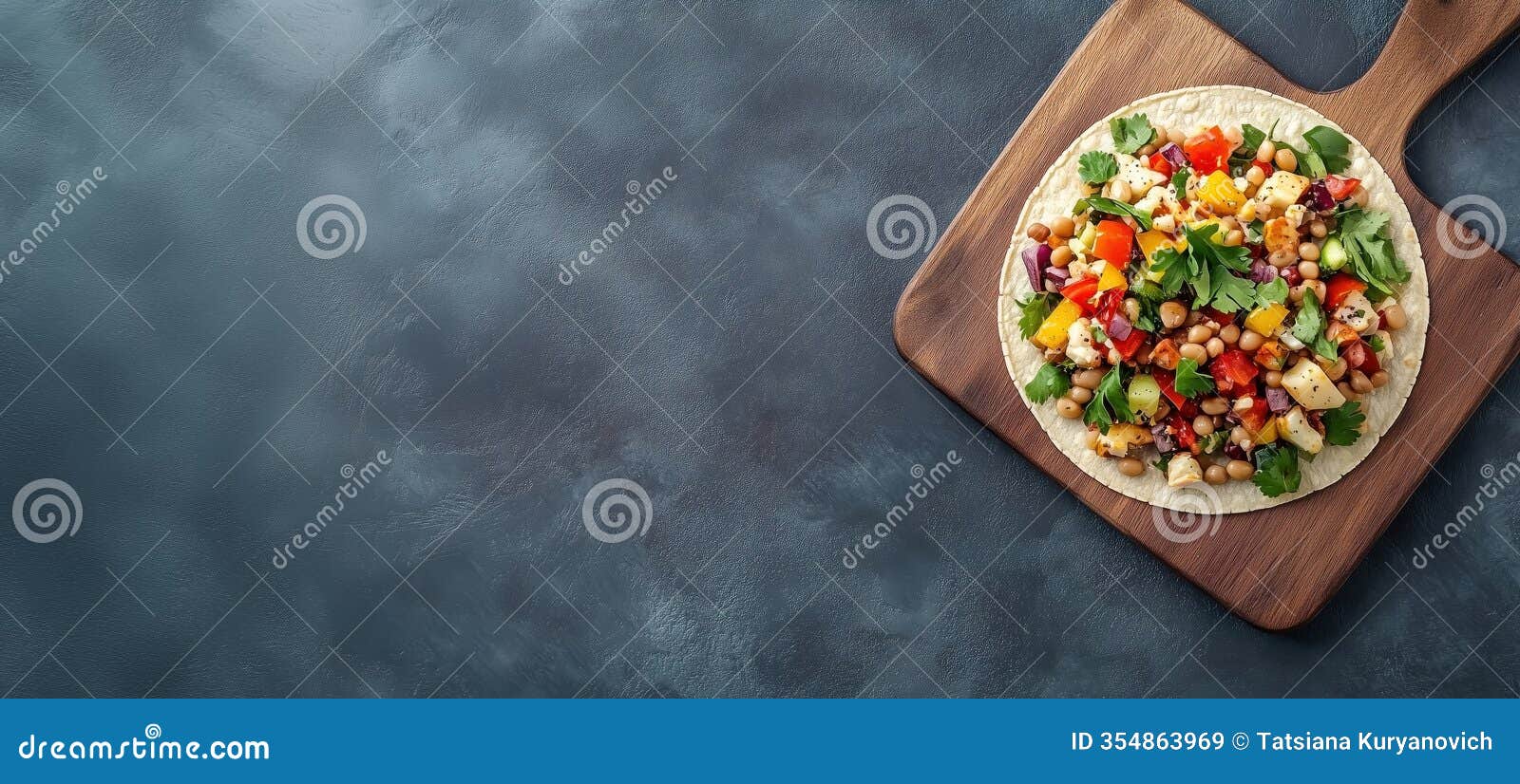 colorful salad on tortilla, fresh vegetables, herbs, and beans, vibrant presentation, wooden board, copy space for text