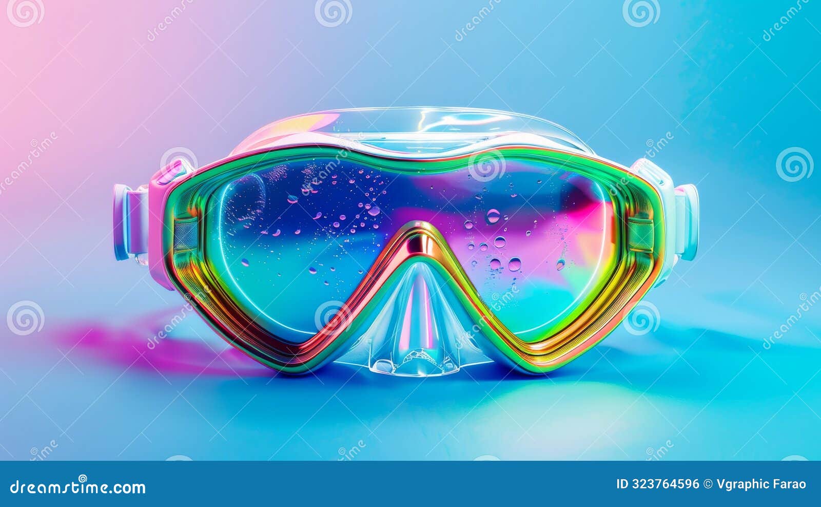 colorful scuba diving mask illuminated by neon lights, vibrant studio shot. modern dive accessory concept