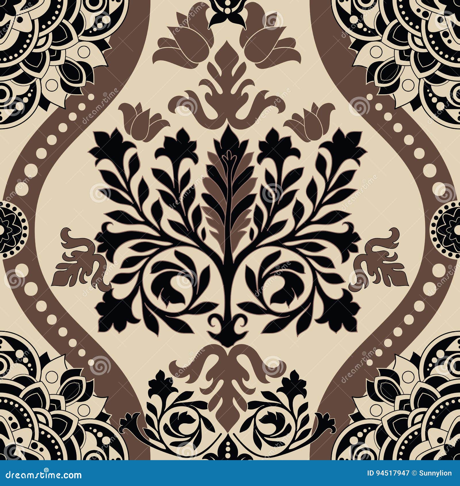 Colorful Seamless Damask Pattern, Classic Wallpaper, Background Stock Vector Illustration of