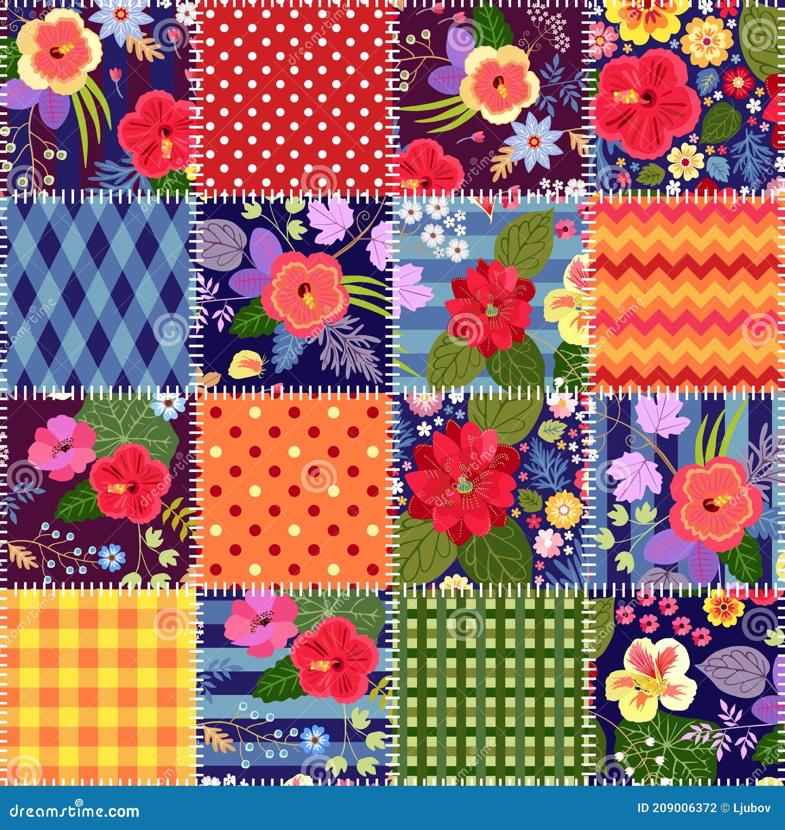 colorful seamless patchwork pattern with bright tropical flowers and geometric ornaments. quilt  from stitched squares