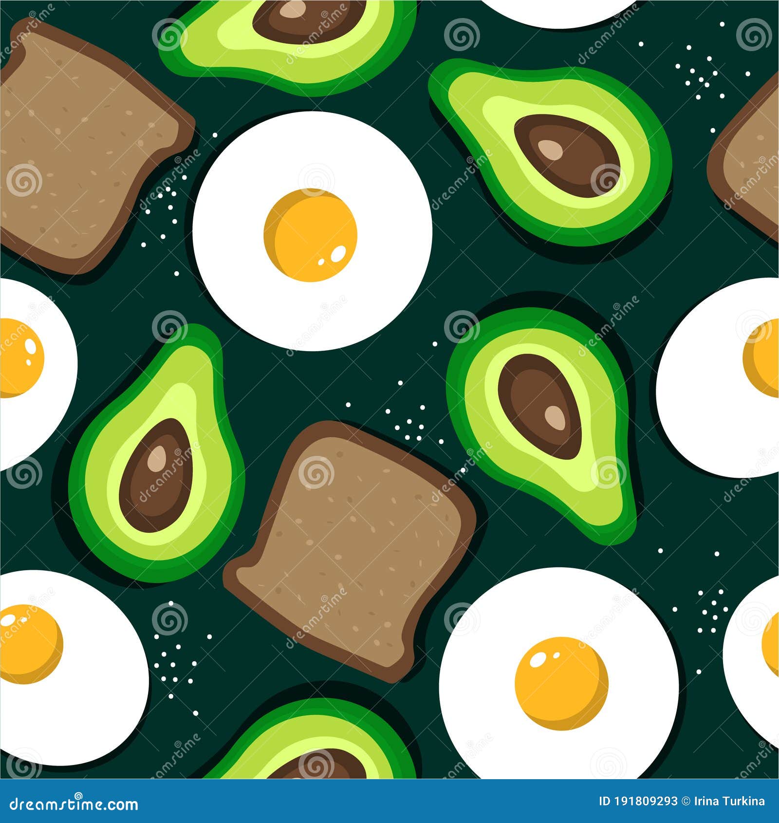 colorful seamless pattern with fried egg, bread, avocado. decorative background, funny food. breakfast