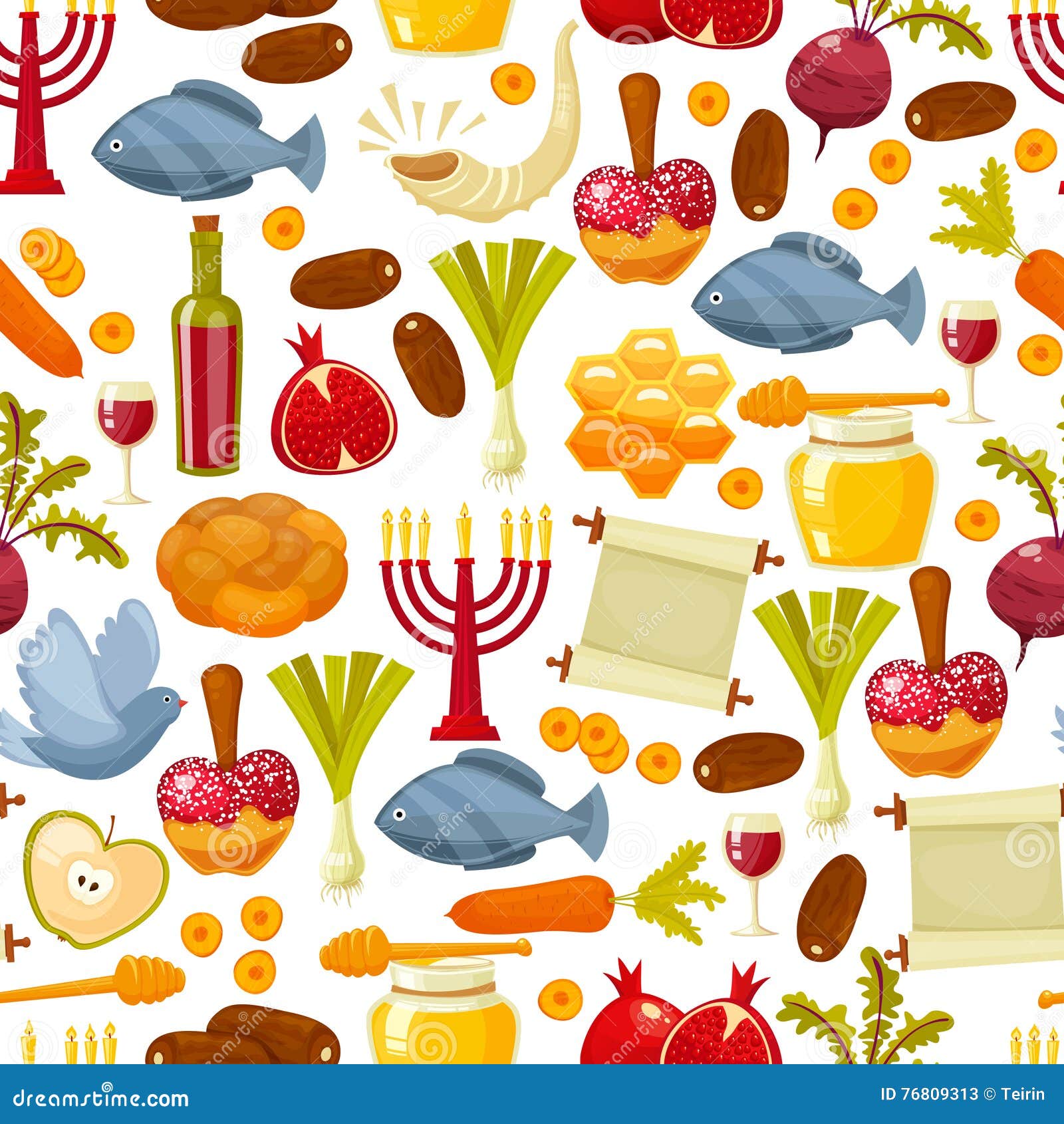 Colorful Seamless Pattern With Symbols Of Rosh Hashanah Jewish New Year