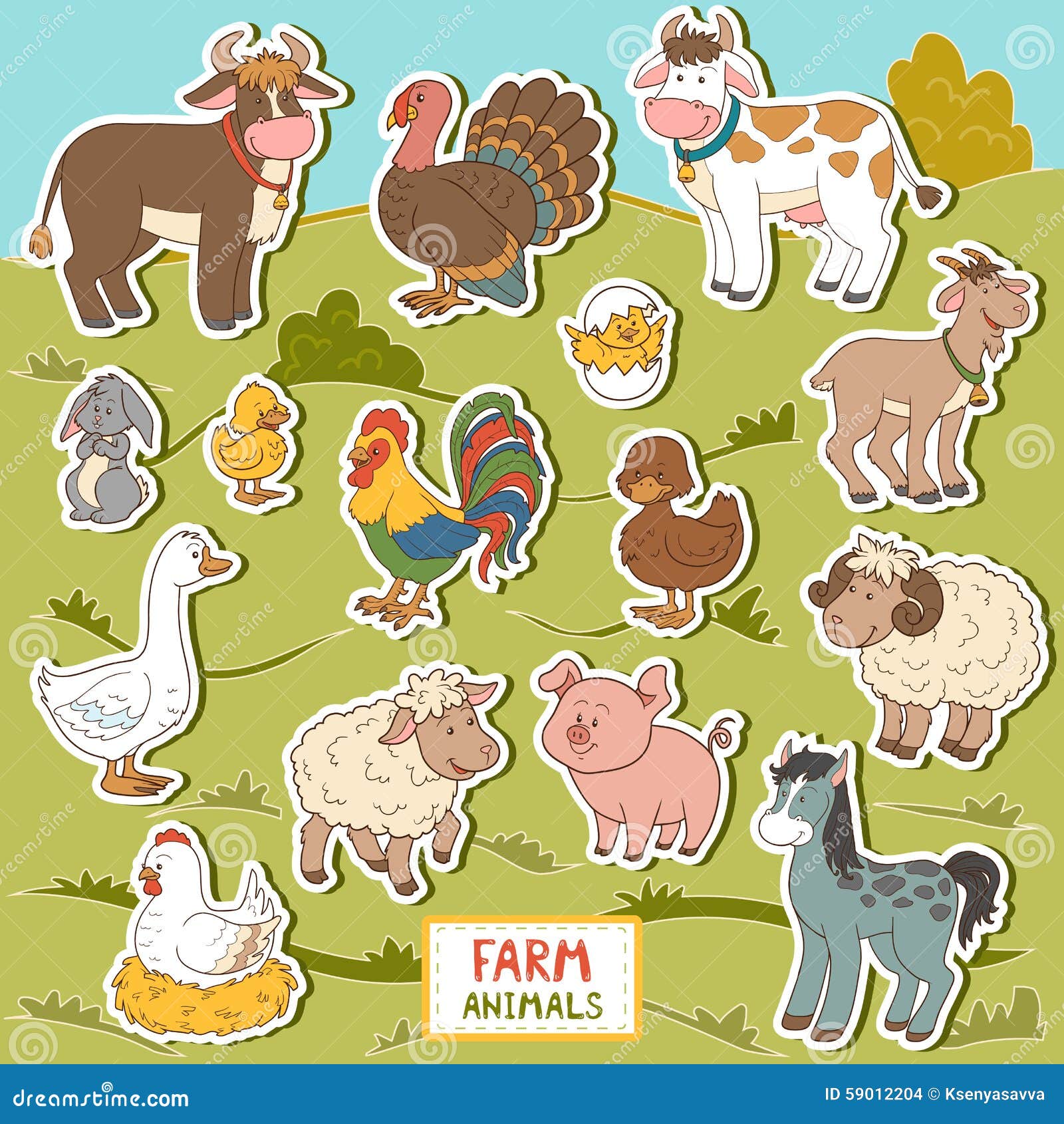 colorful set of cute farm animals and objects,  stickers