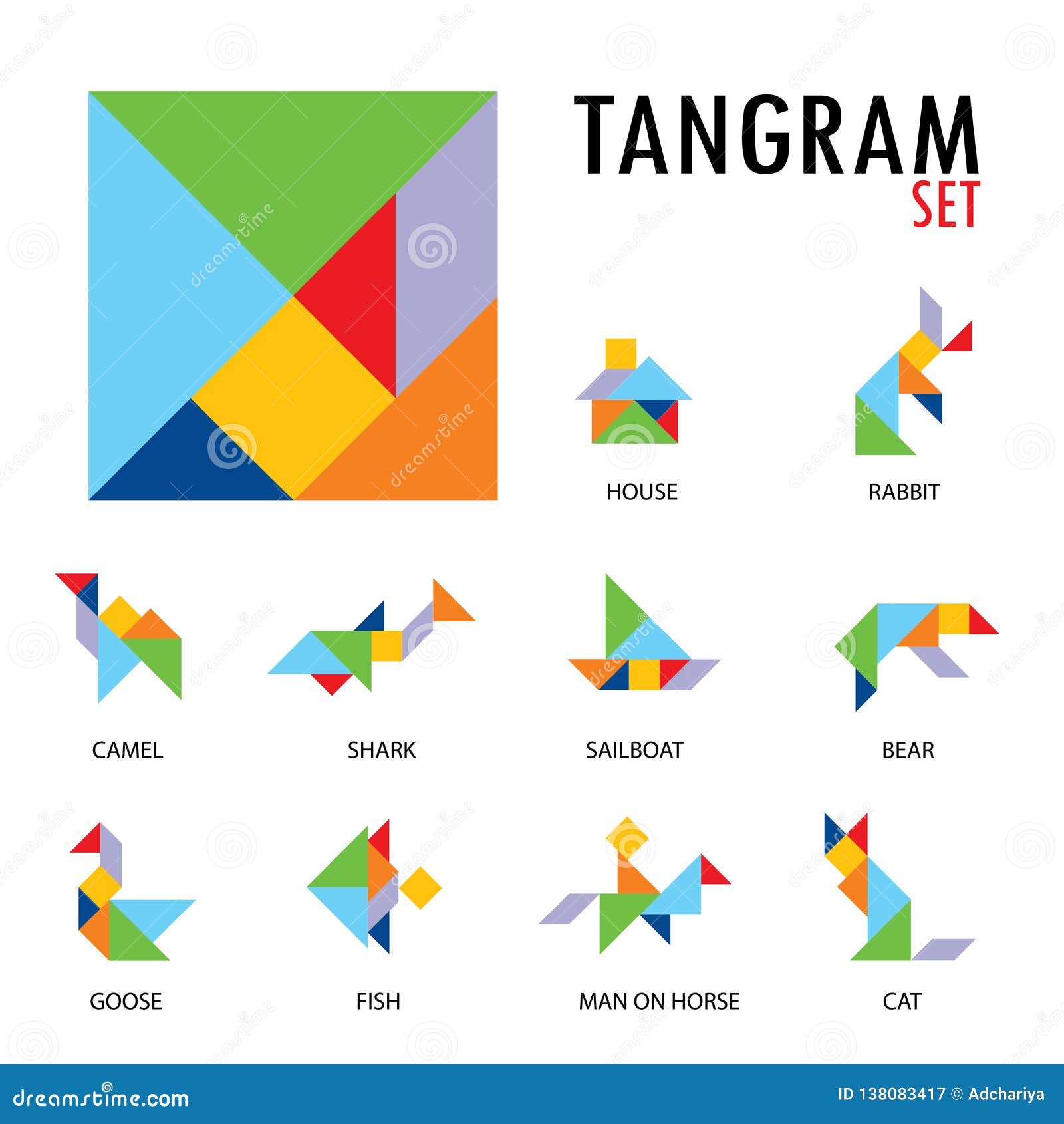 Colorful Set of Tangram Game Icons Made with Geometry Shapes in Abstract  Style, Includes Animal, Vector Illustration Stock Vector - Illustration of  origami, geometric: 138083417