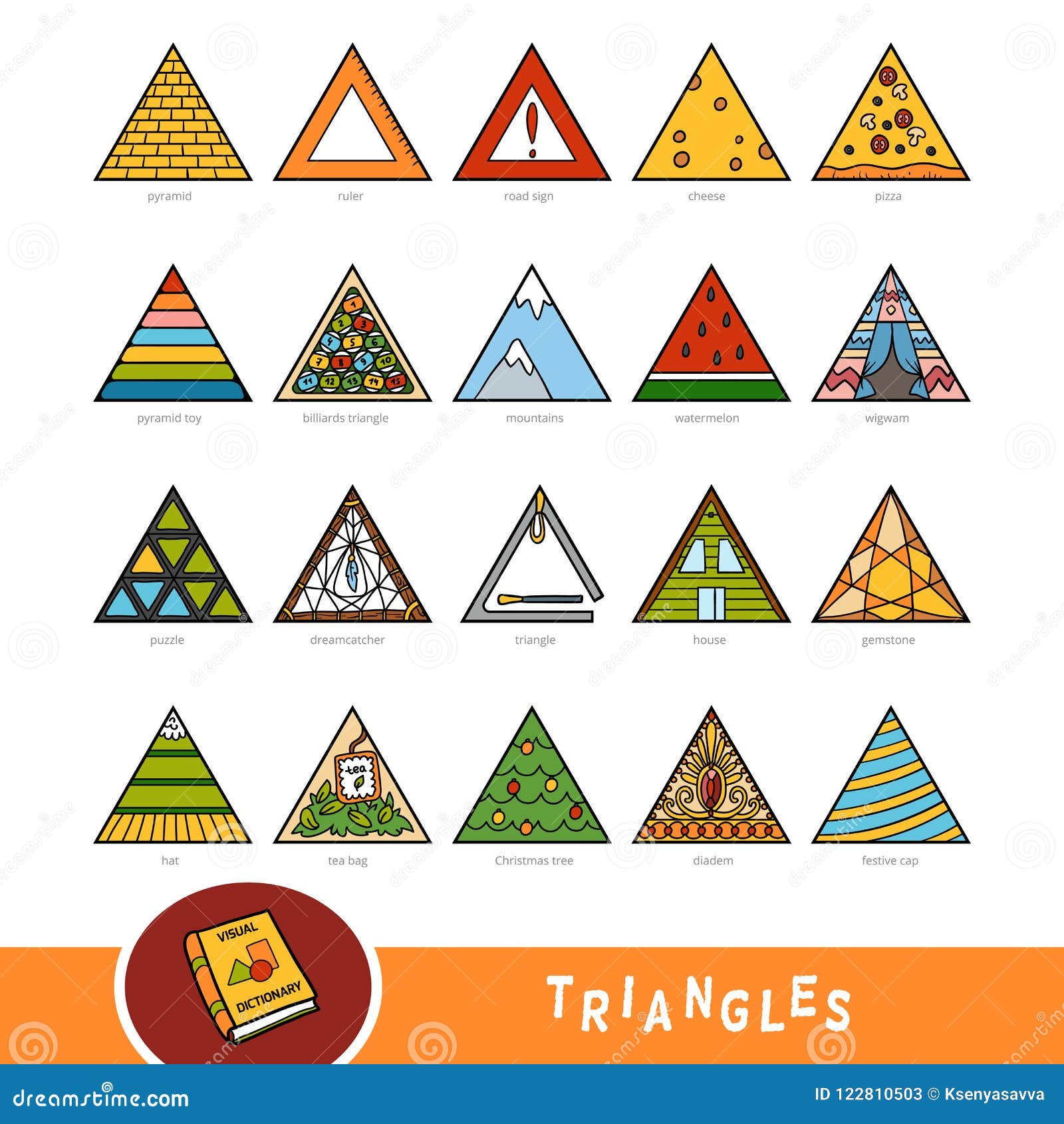 Colorful Set of Triangle Shape Objects. Visual Dictionary Stock
