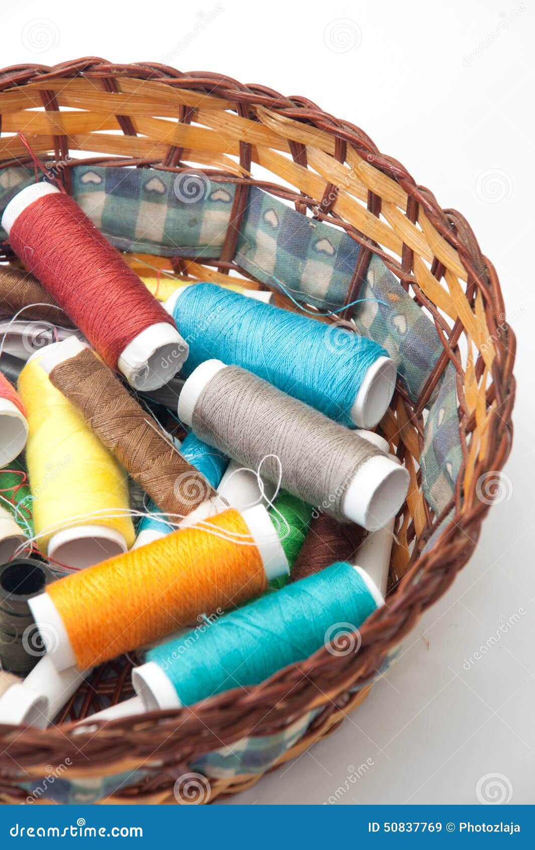 Colorful Sewing Thread in a Wicker Basket Stock Image Image of
