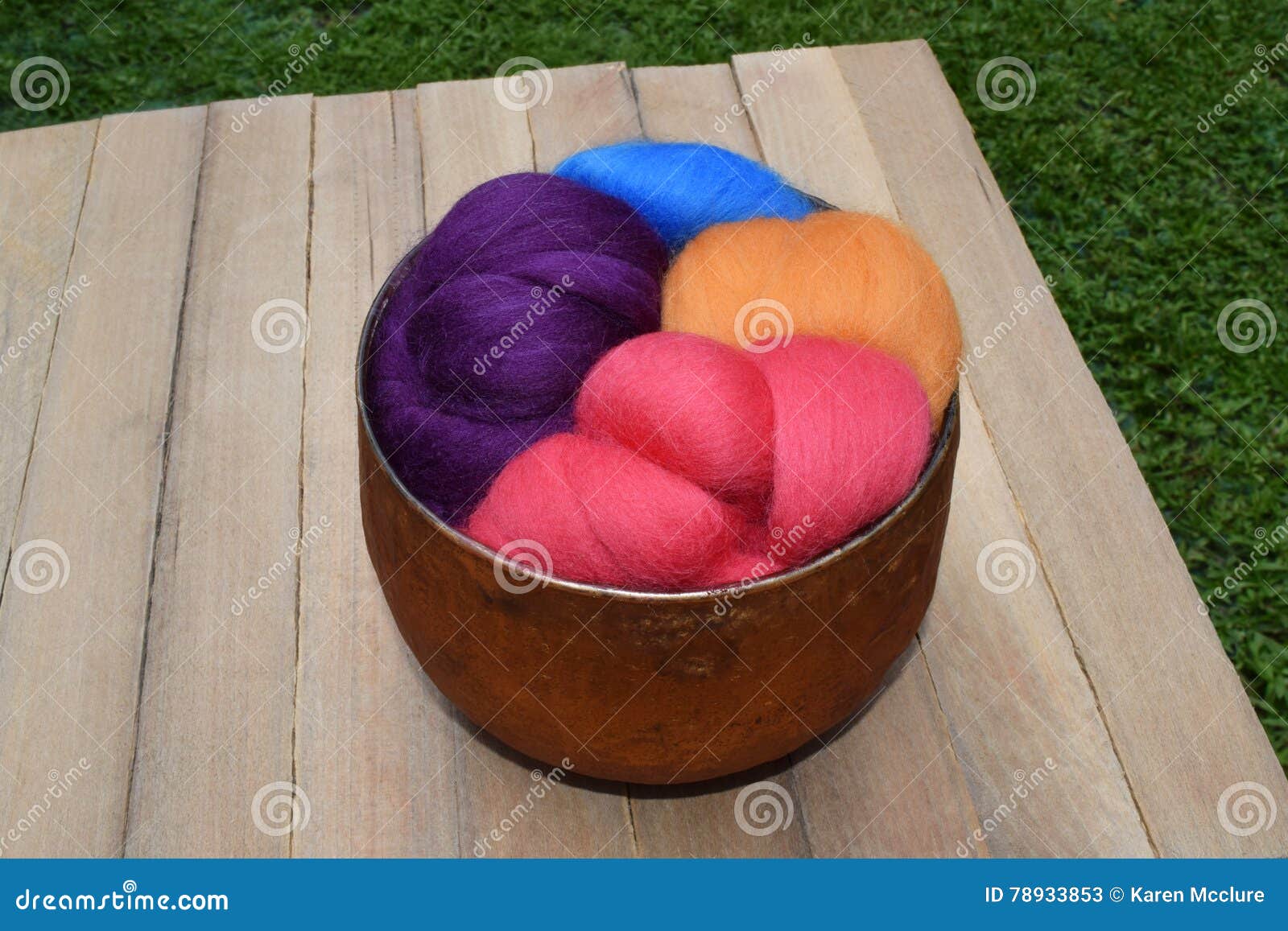 Colorful Sheep Wool Roving in a Copper Colored Glass Bowl Stock Image ...