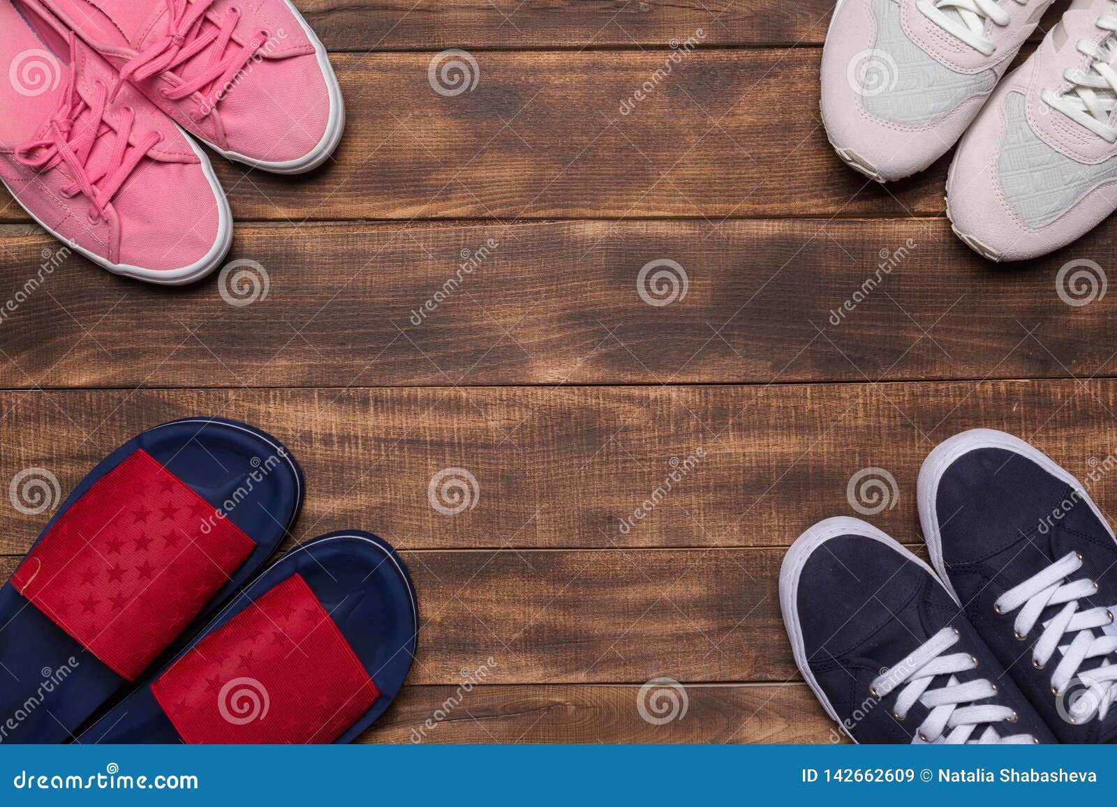Colorful Shoes Top View. Set of Different Sneakers on Wooden Floor ...