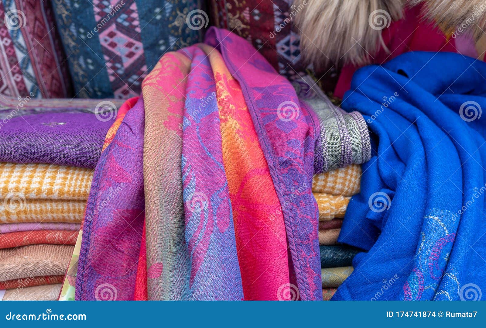 Colorful Silk Pashminas Scarves or Shawls for Sale at Market Stock Photo - Image of orange, folded: 174741874