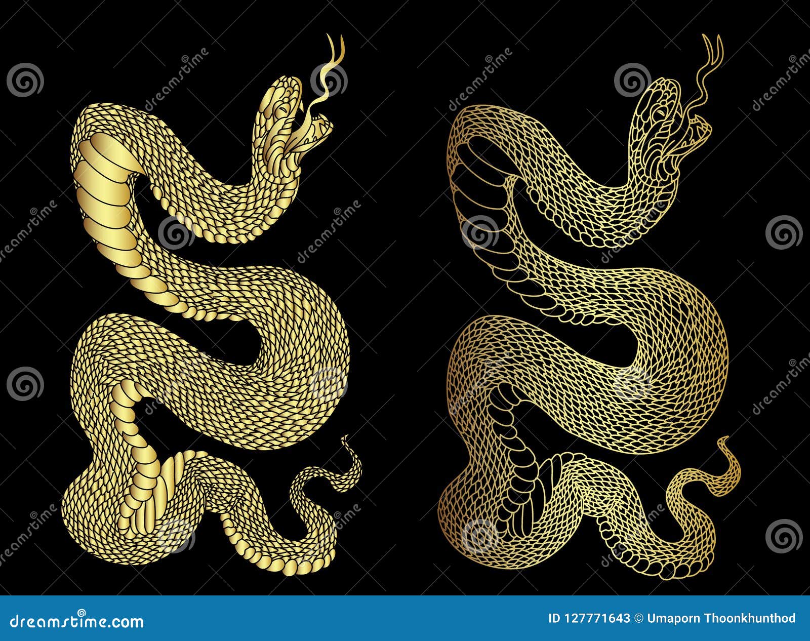 Golden Snake Cobra Isolate on White Background. Stock Vector - Illustration of backgrounddrawing, calligraphy: 127771643