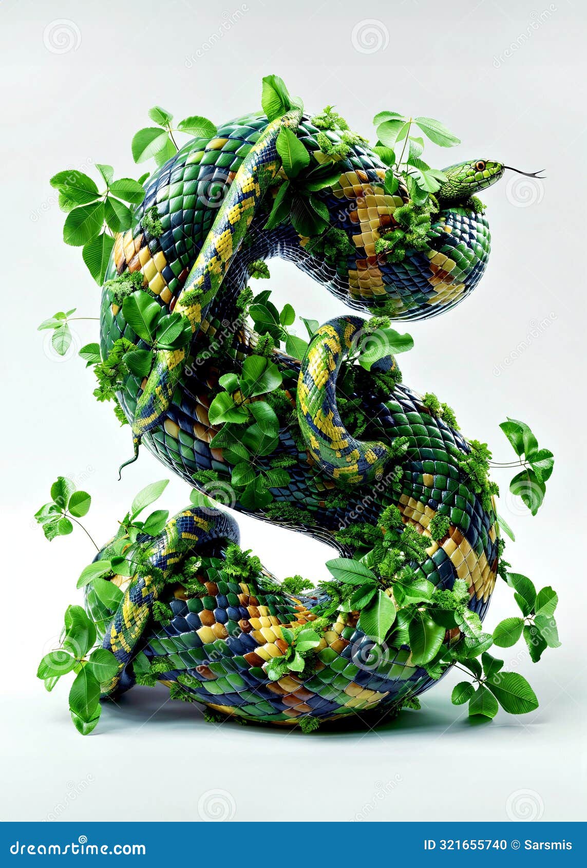 colorful snake coiled in green leaves, jungle wildlife art . concept world snake day. nature-themed letter s