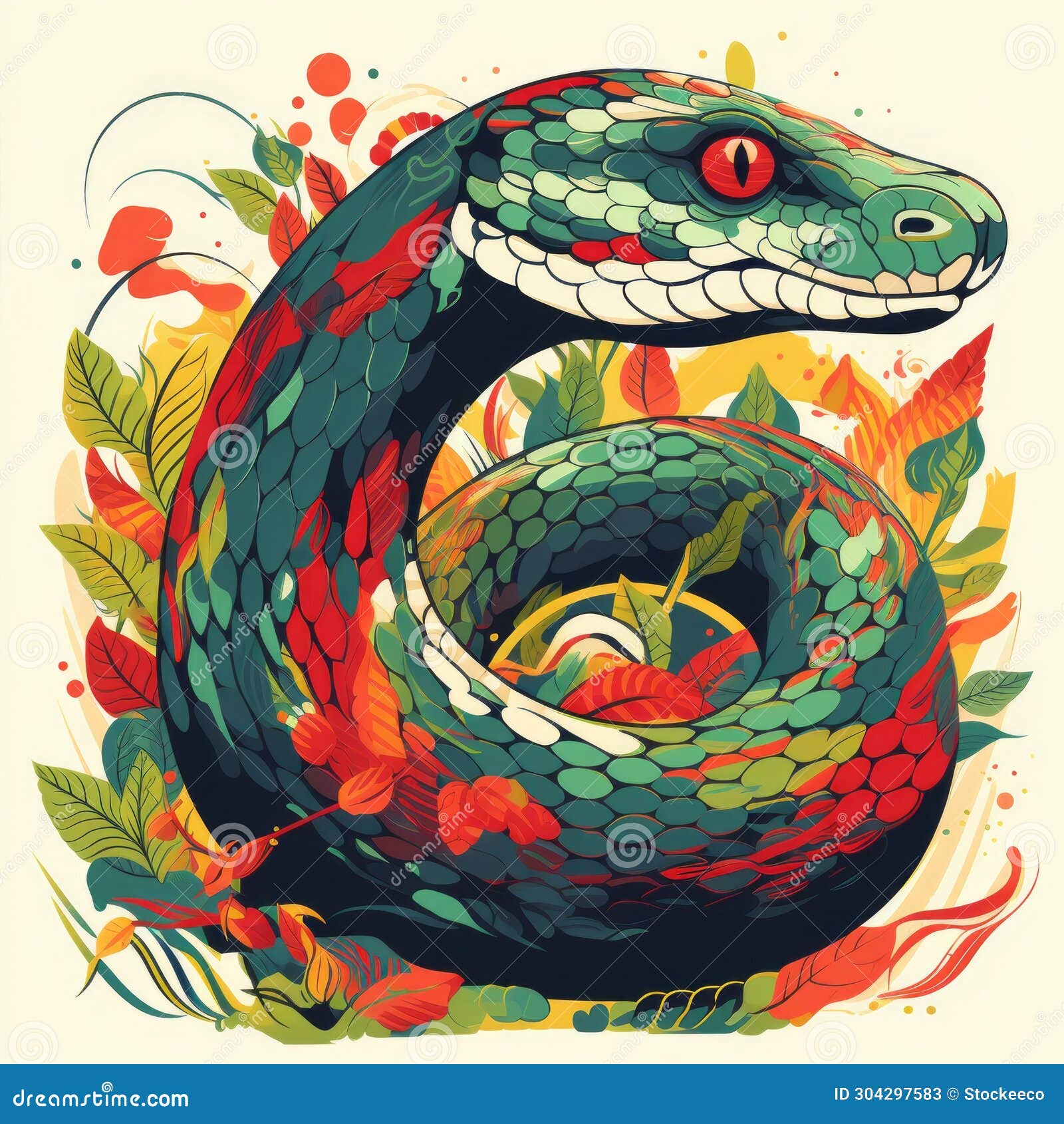 colorful snake surrounded by bright leaves - retro  art