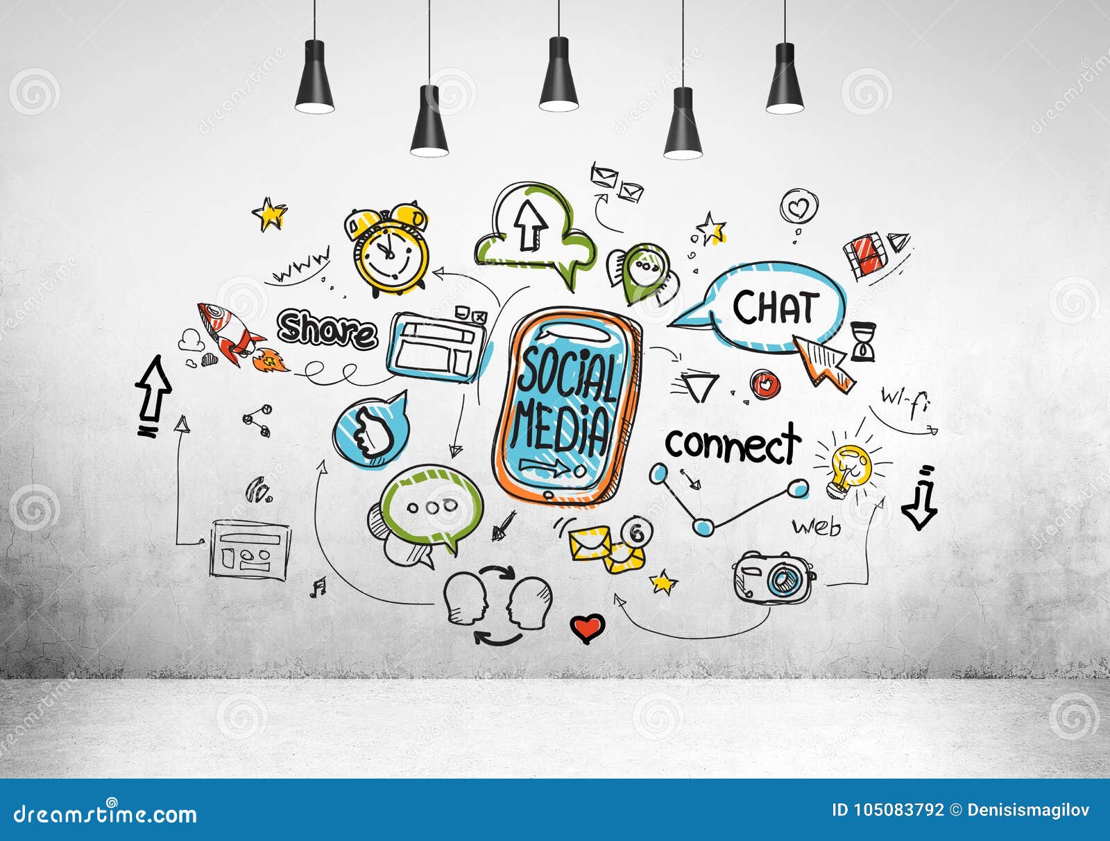 Colorful Social Media Sketch on Concrete Wall Stock Photo  Image of  branding copy 105083792