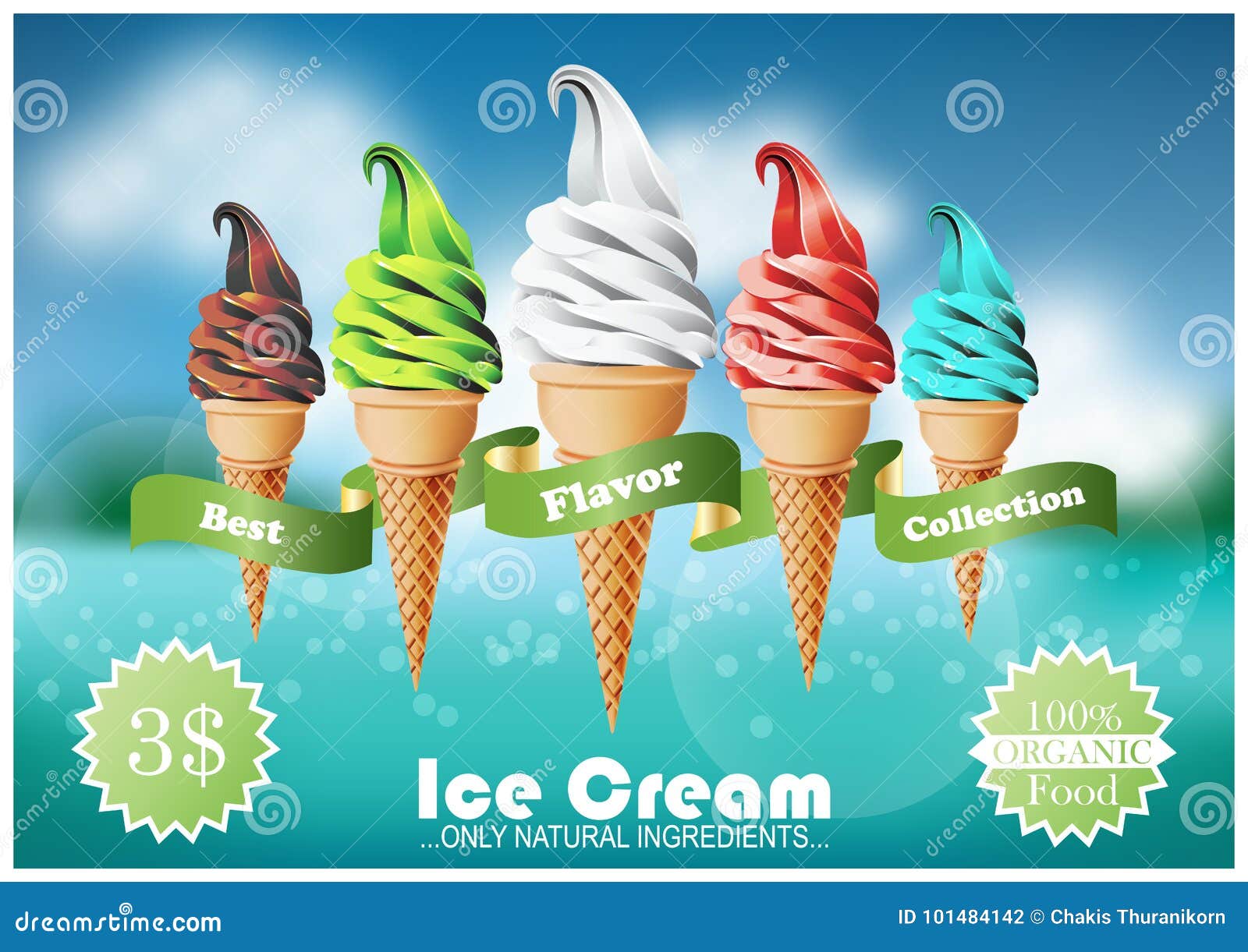 Ice Cream In A Series Of Cones With Different Flavors Background