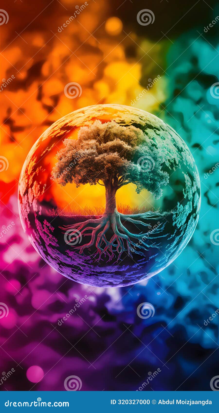 colorful sphere with lone tree, roots anchoring amidst transitioning hues, evoking harmony