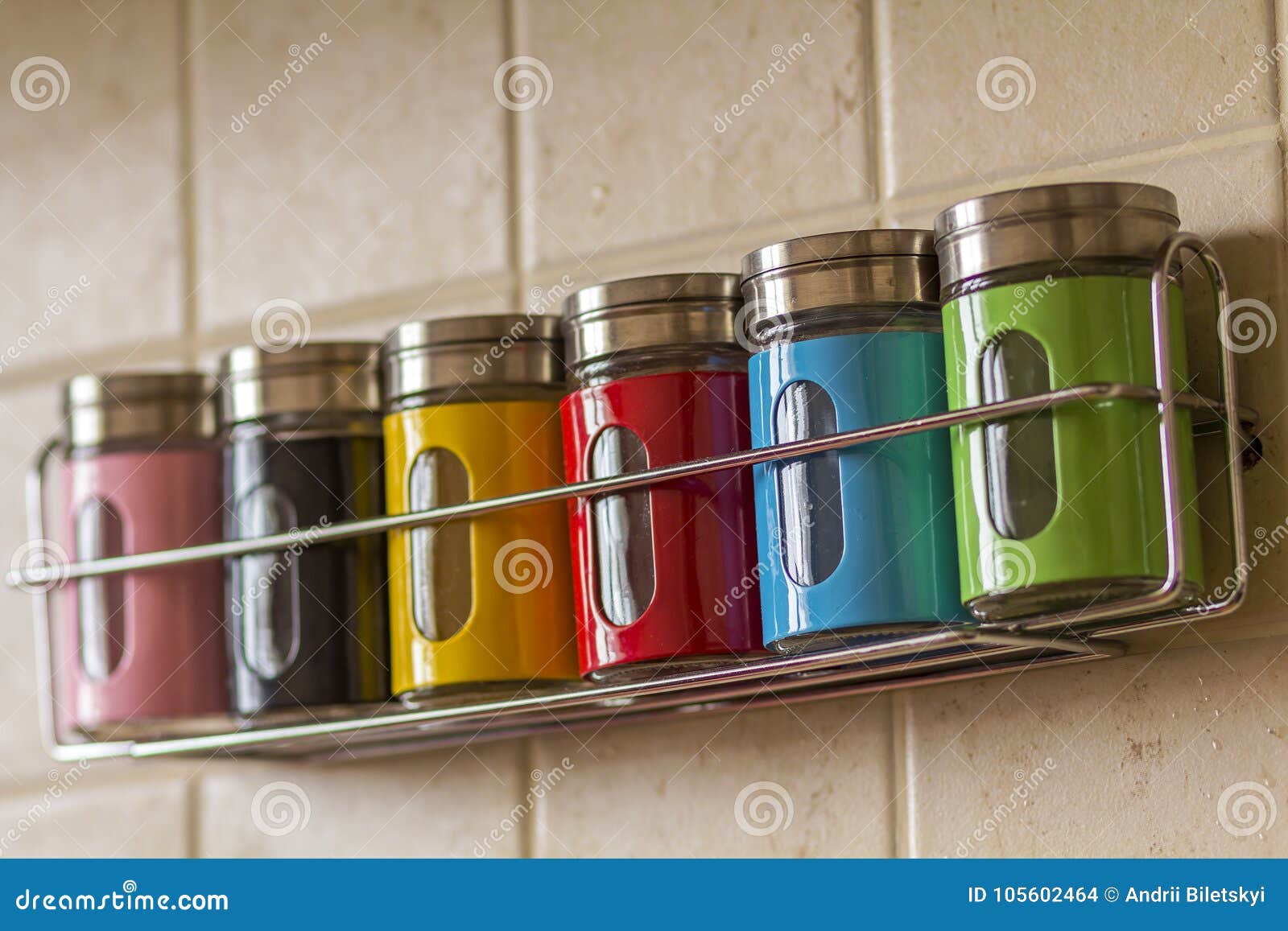 Colorful Spice Salt and Pepper Containers in Kitchen Stock Photo