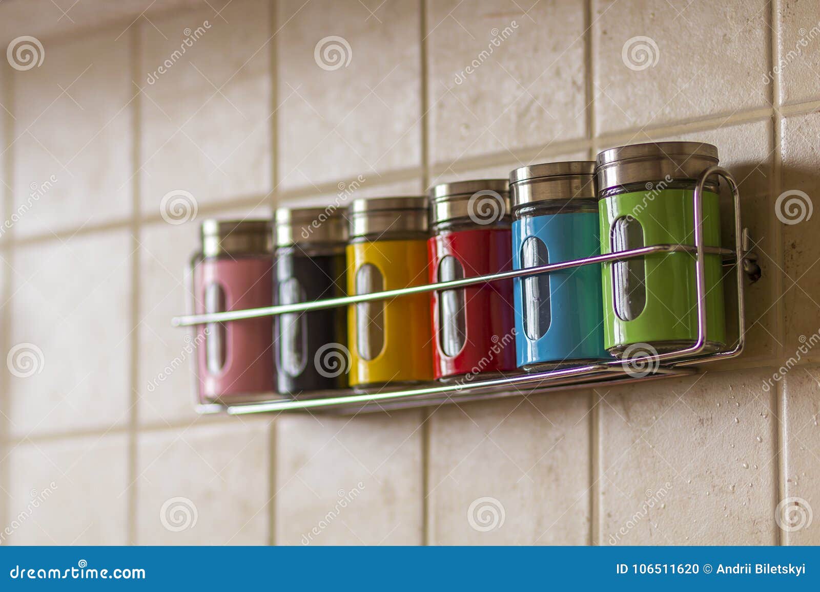 Colorful Spice Salt and Pepper Containers in Kitchen Stock Photo