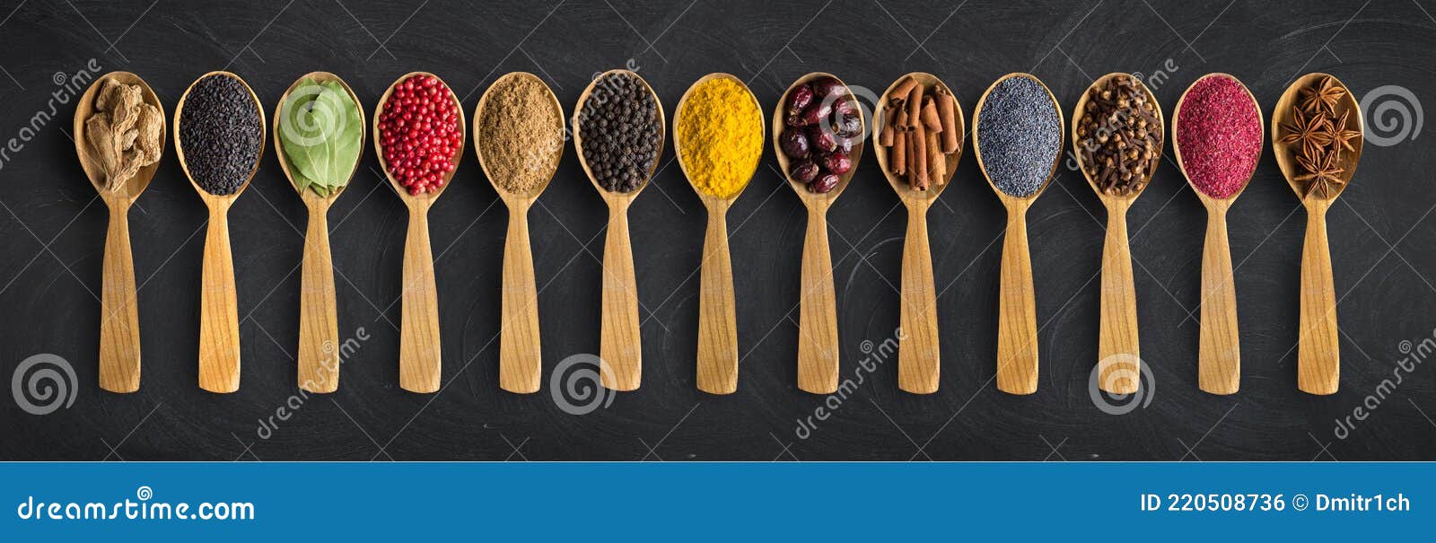 Assortment Of Colorful Spices In The Wooden Spoons On The White