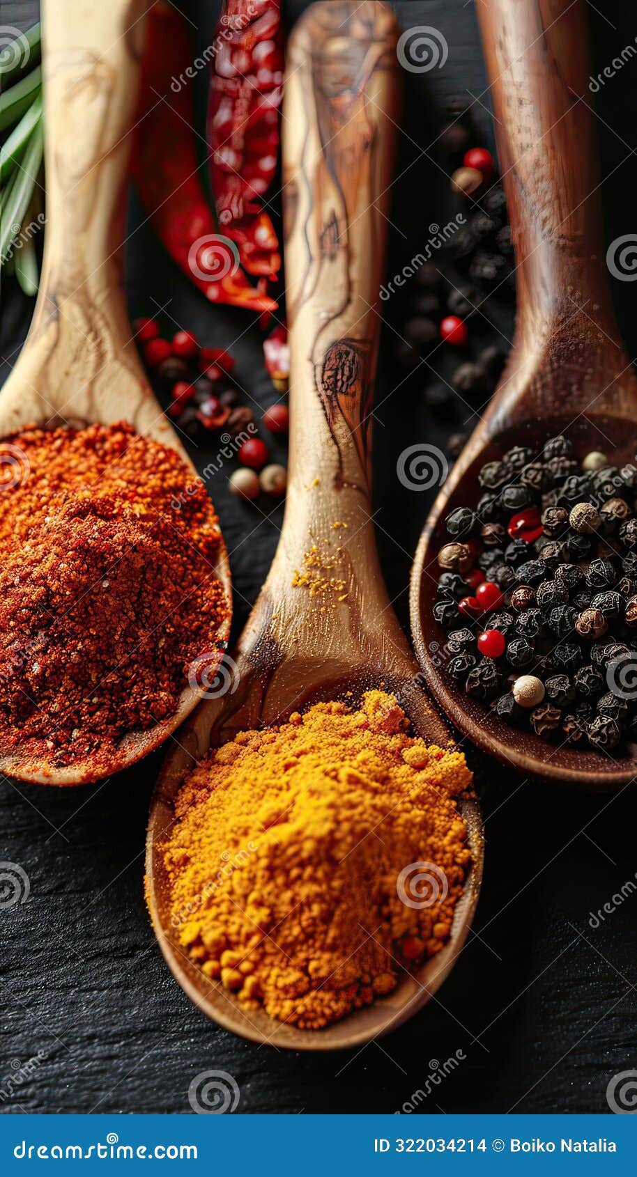 colorful spices on wooden spoons add flavor and vibrancy, enhancing the culinary experience