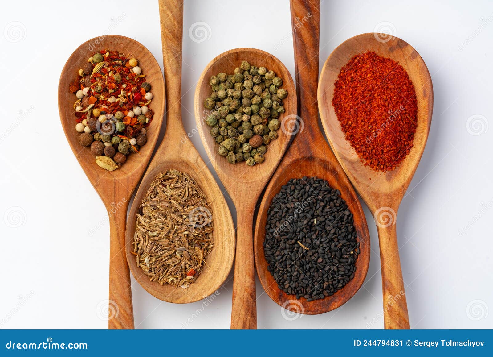 Assortment Of Colorful Spices In The Wooden Spoons On The White