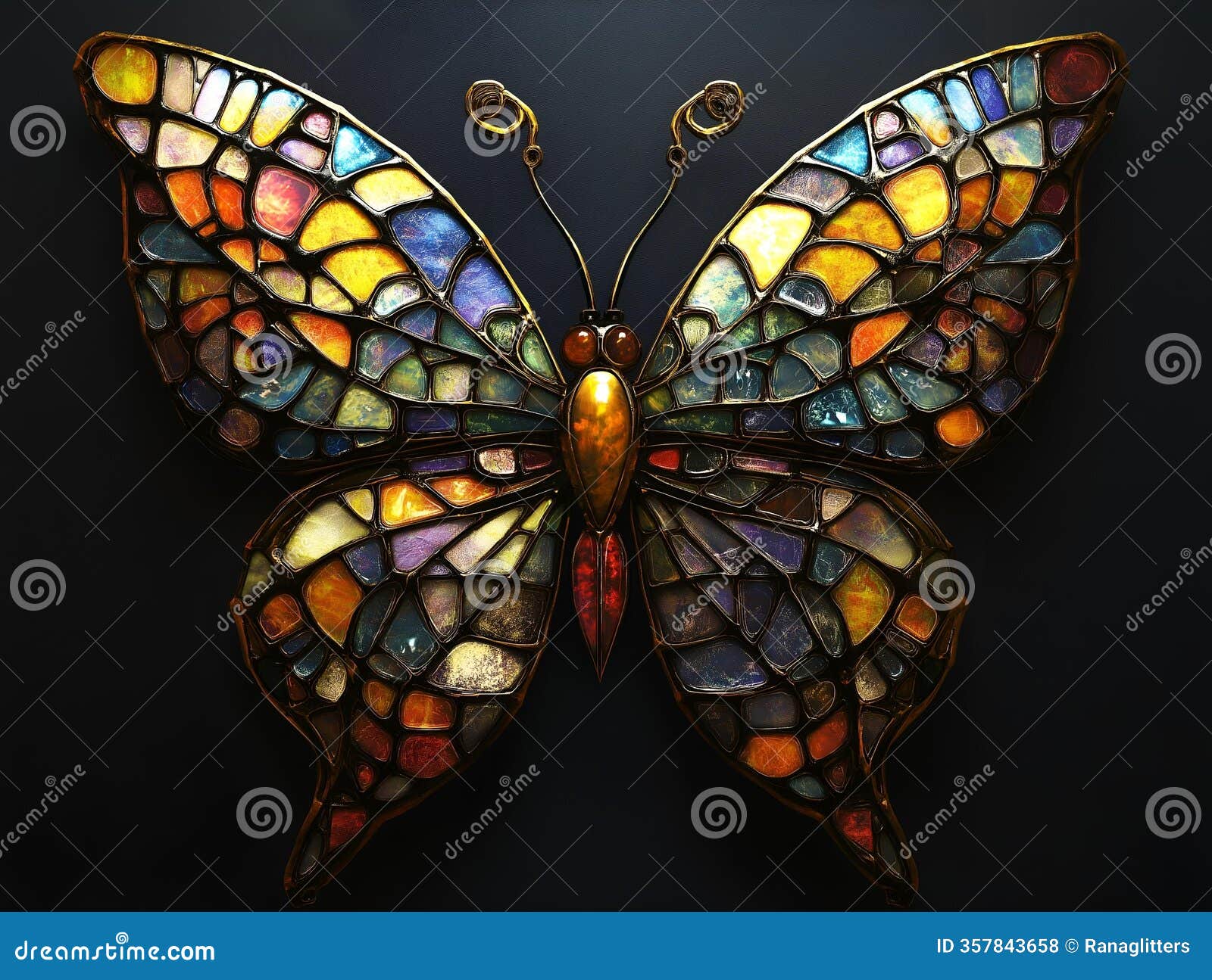 colorful stained glass butterfly with diverse color palette on a dark background