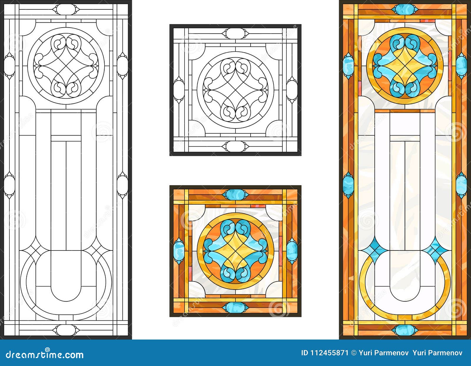 colorful stained glass window in classic style for ceiling or door panels, tiffany technique.