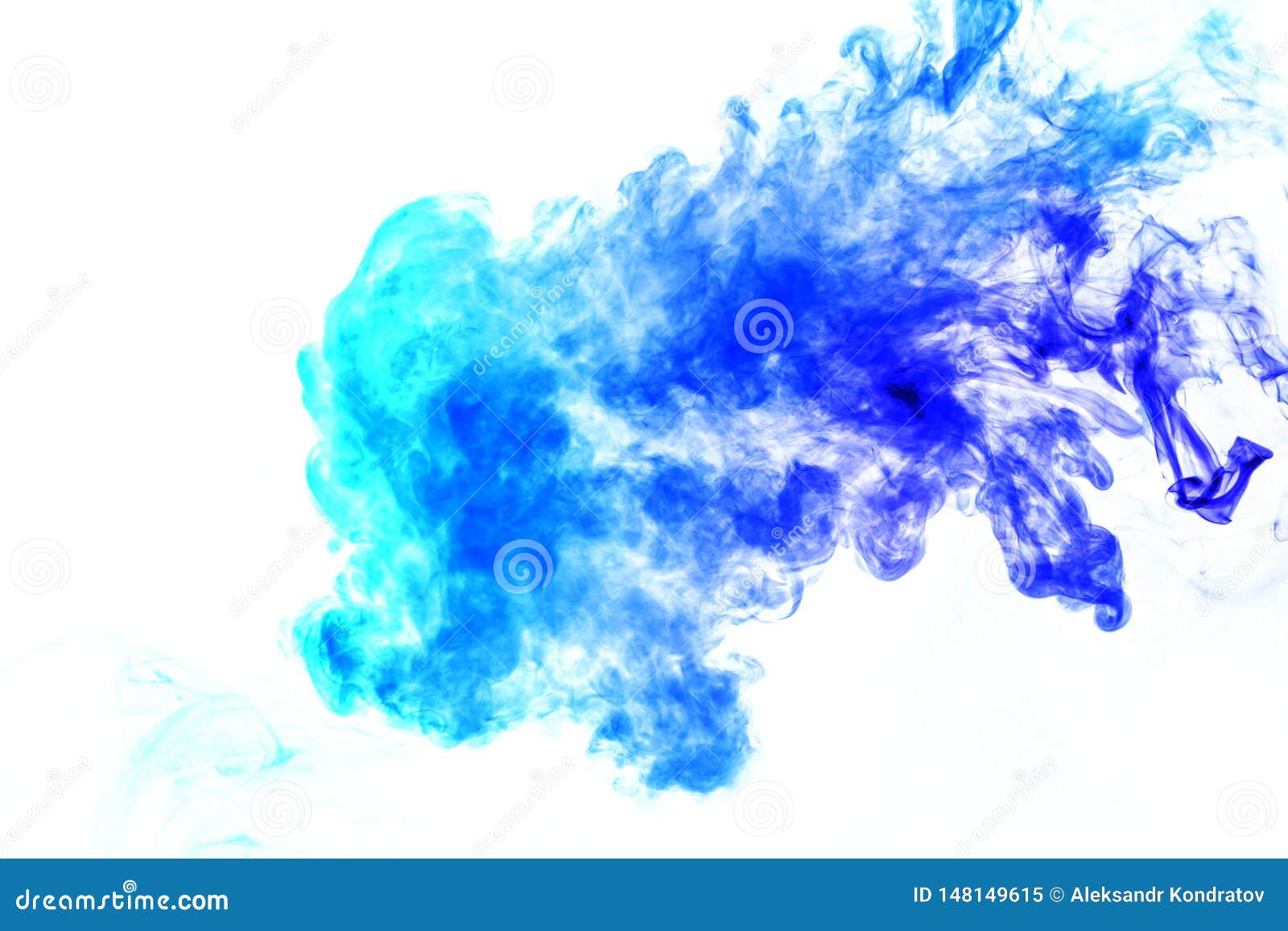 Colorful steam exhaled from the vape with a smooth transition of color molecules from turquoise to blue on a white background like a collision of two jets of smoke. Malicious virus and drug injection