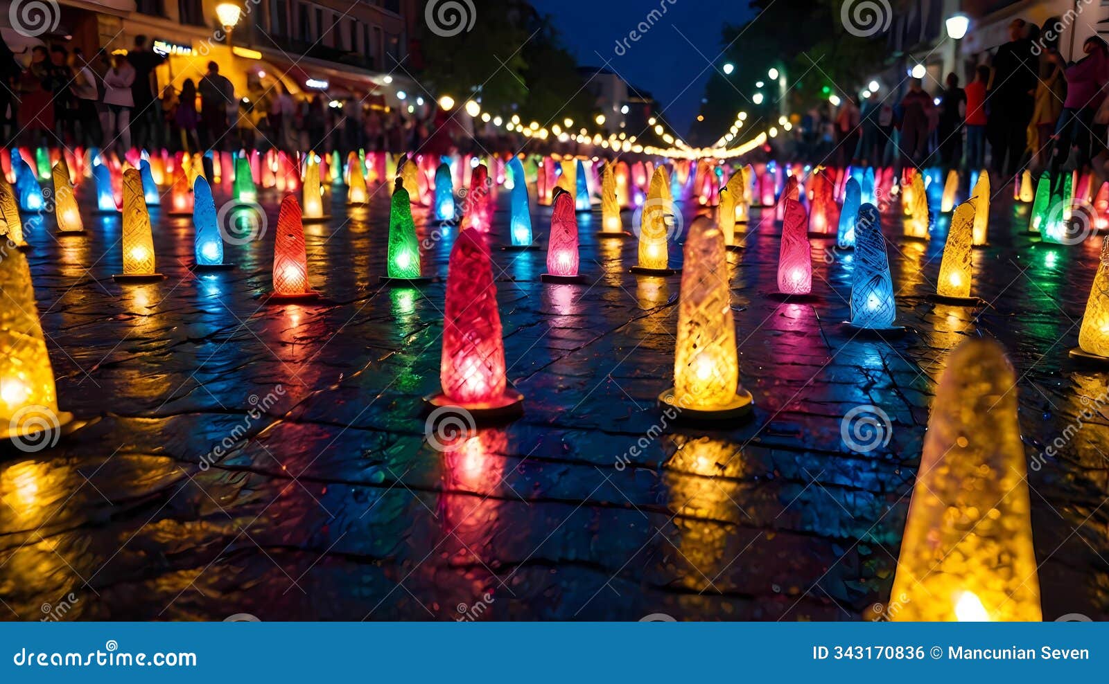 colorful string lights illuminating a festive street, vibrant festival of lights atmosphere