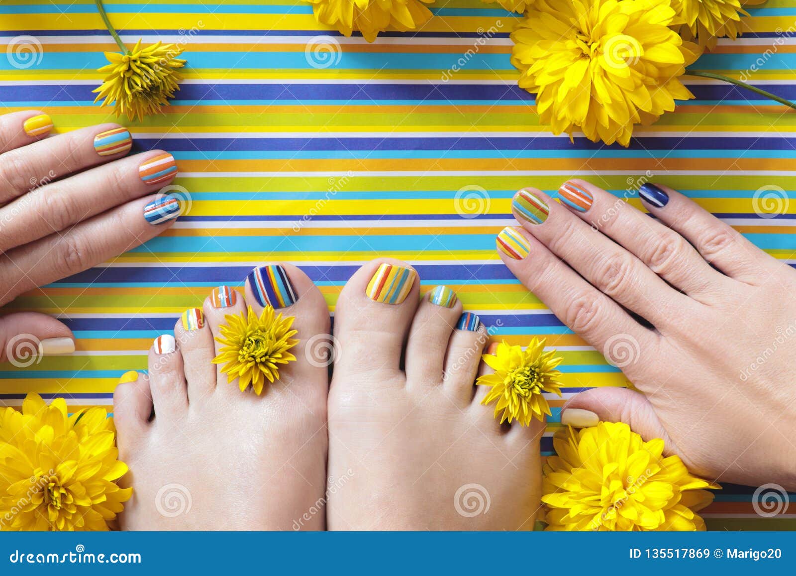 Colorful Striped Fashion Summer Pedicures And Manicures Stock Image Image Of Nail Orange 135517869
