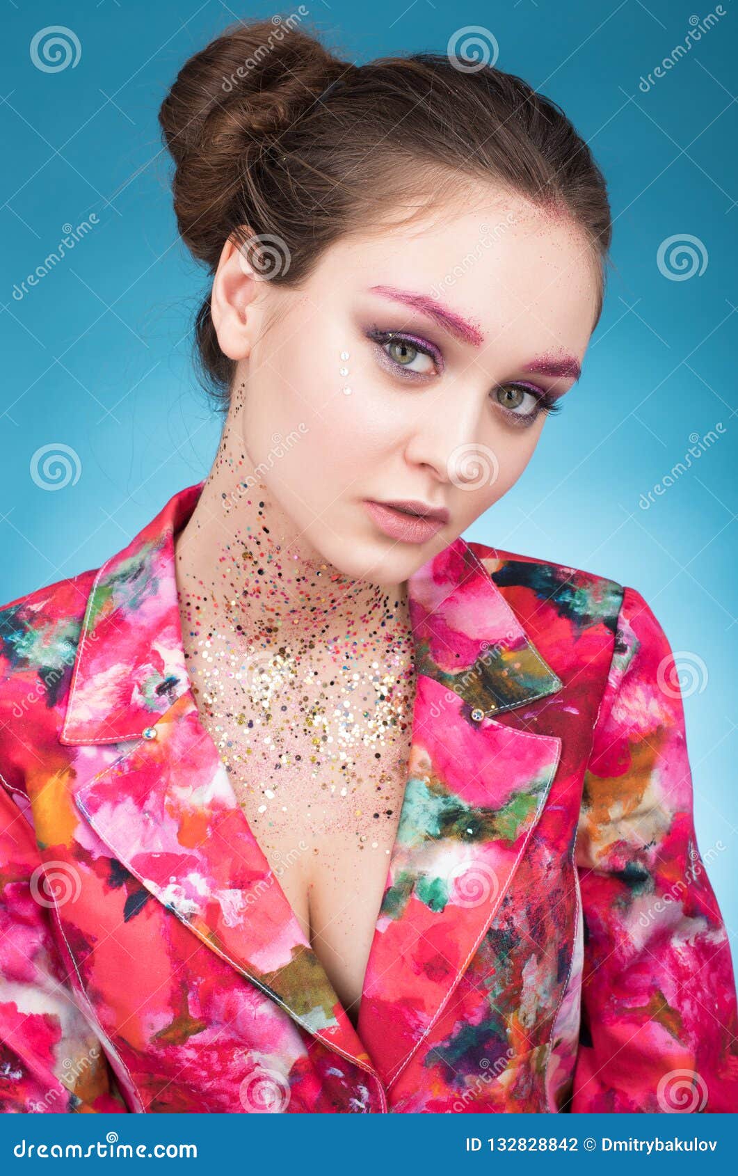 Colorful Studio Portrait of a Beautiful Young Woman on Light Blue ...