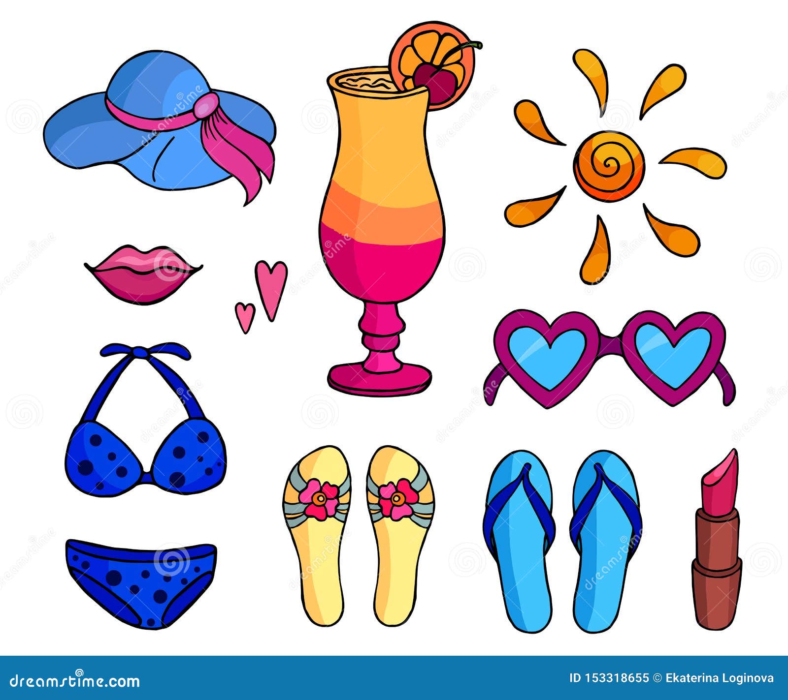 Colorful summer beach set stock vector. Illustration of blue - 153318655
