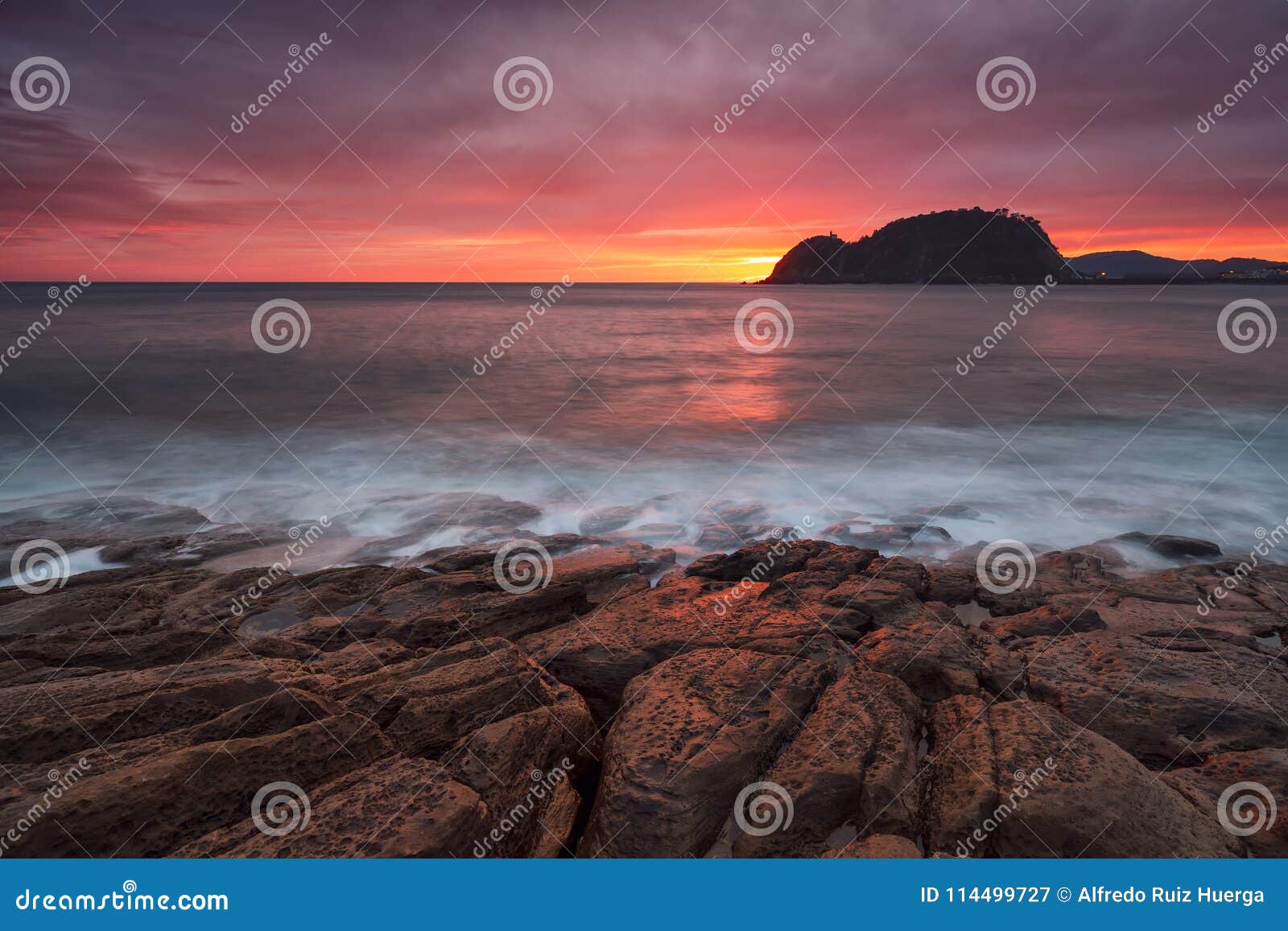 colorful sunrise in cantabric sea, getaria