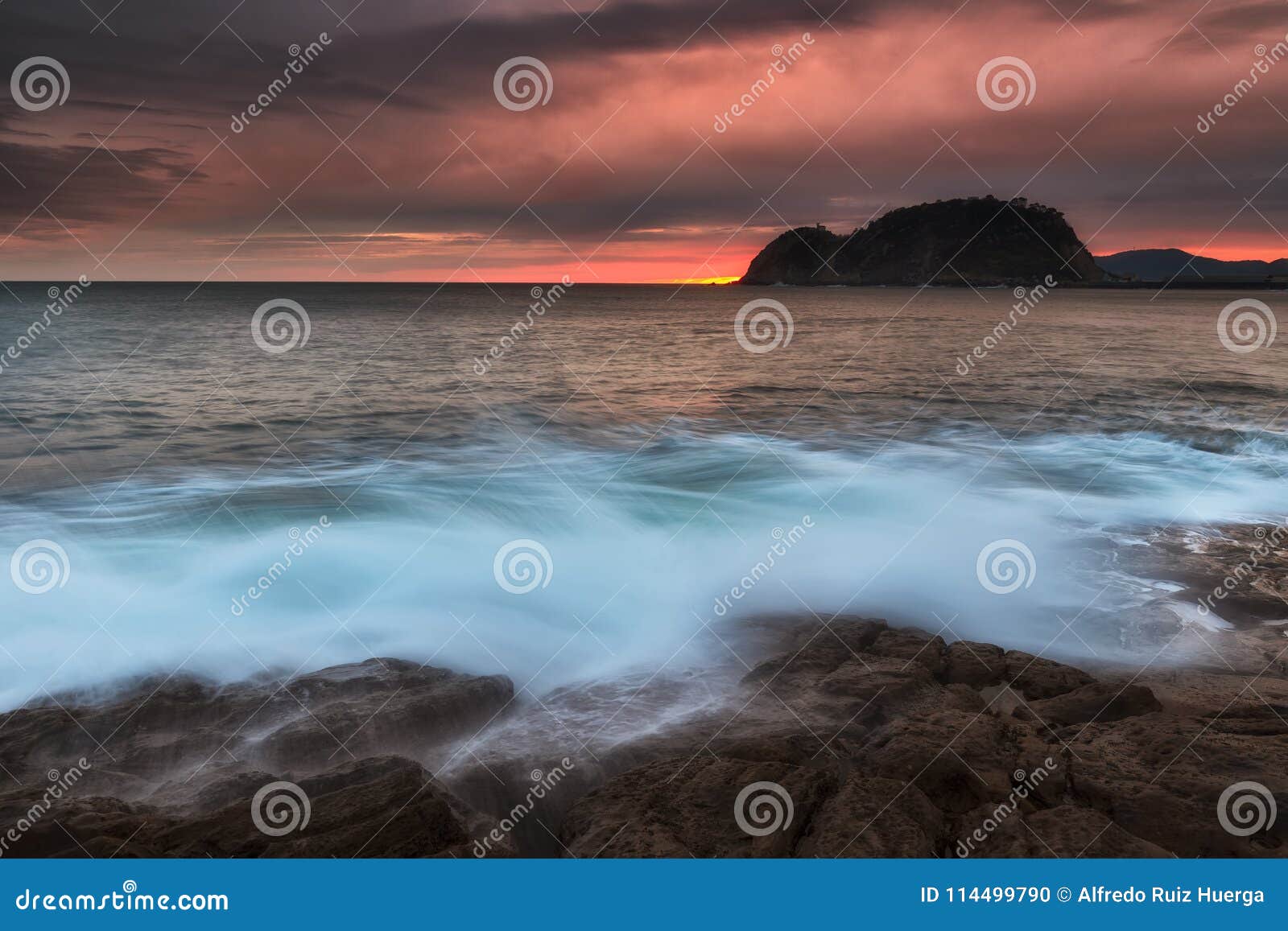 colorful sunrise in cantabric sea, getaria