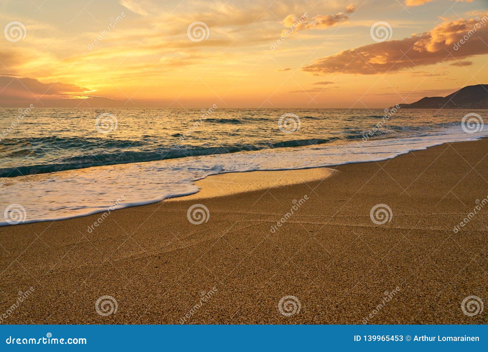 Colorful Sunset at the Tropical Sandy Beach, Waves with Foam Hitting ...