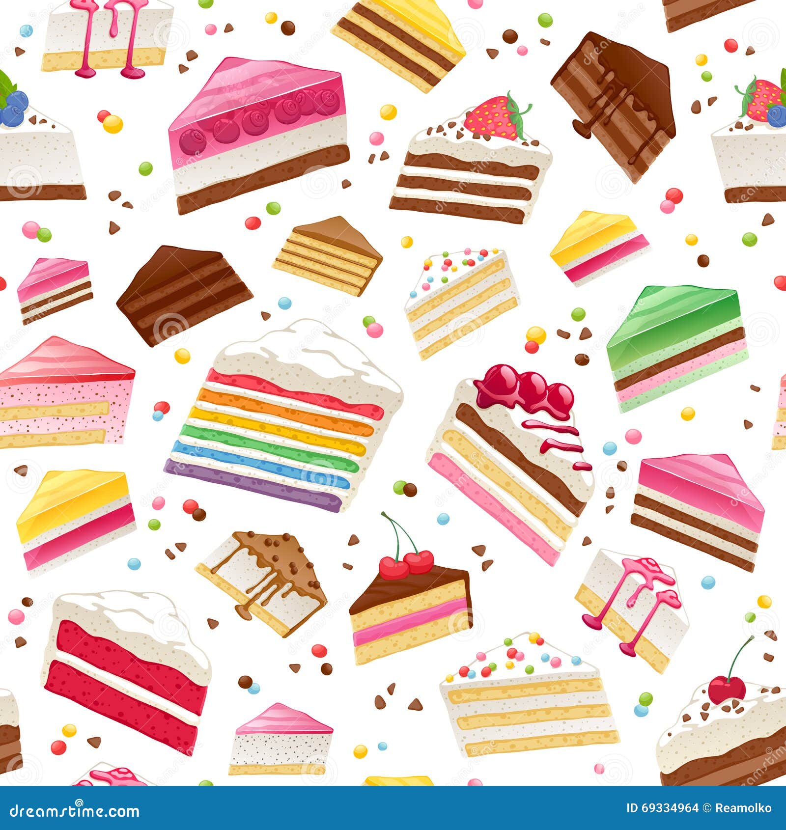 Colorful Sweet Cakes Slices Seamless Background. Stock