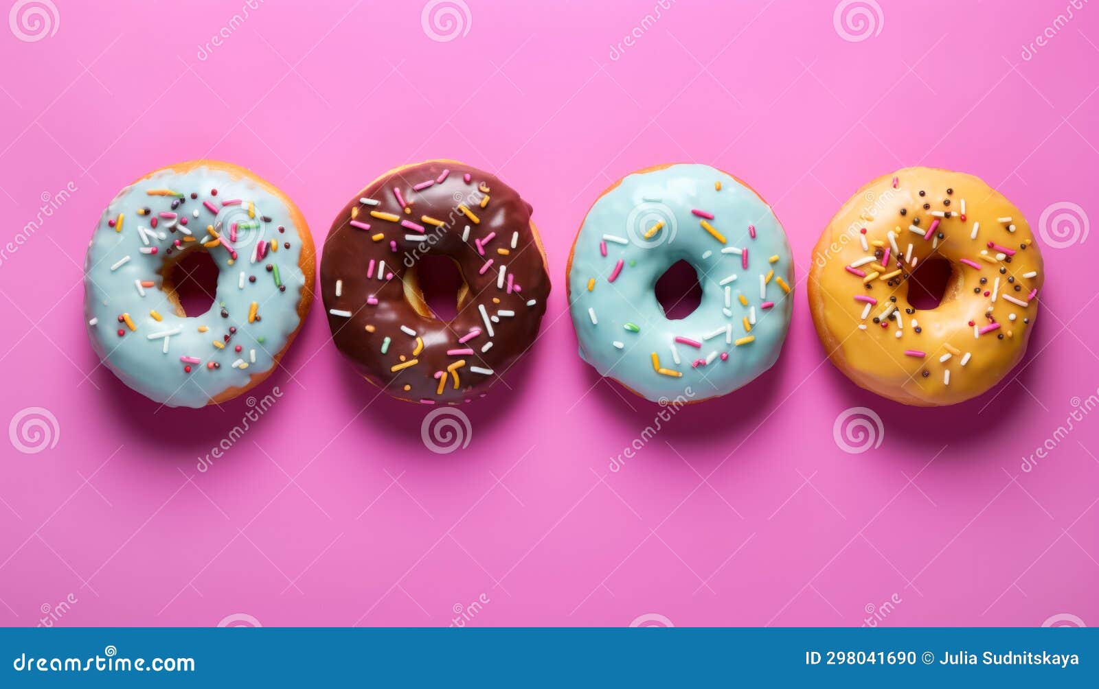 Colorful sweet glaze donuts on vivid pink background. Assortment doughnut for bakery background