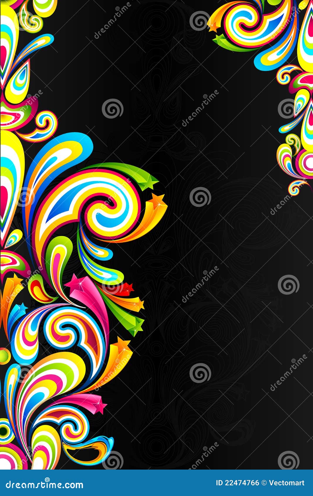 Illustration of colorful swirl with abstract shape on black background