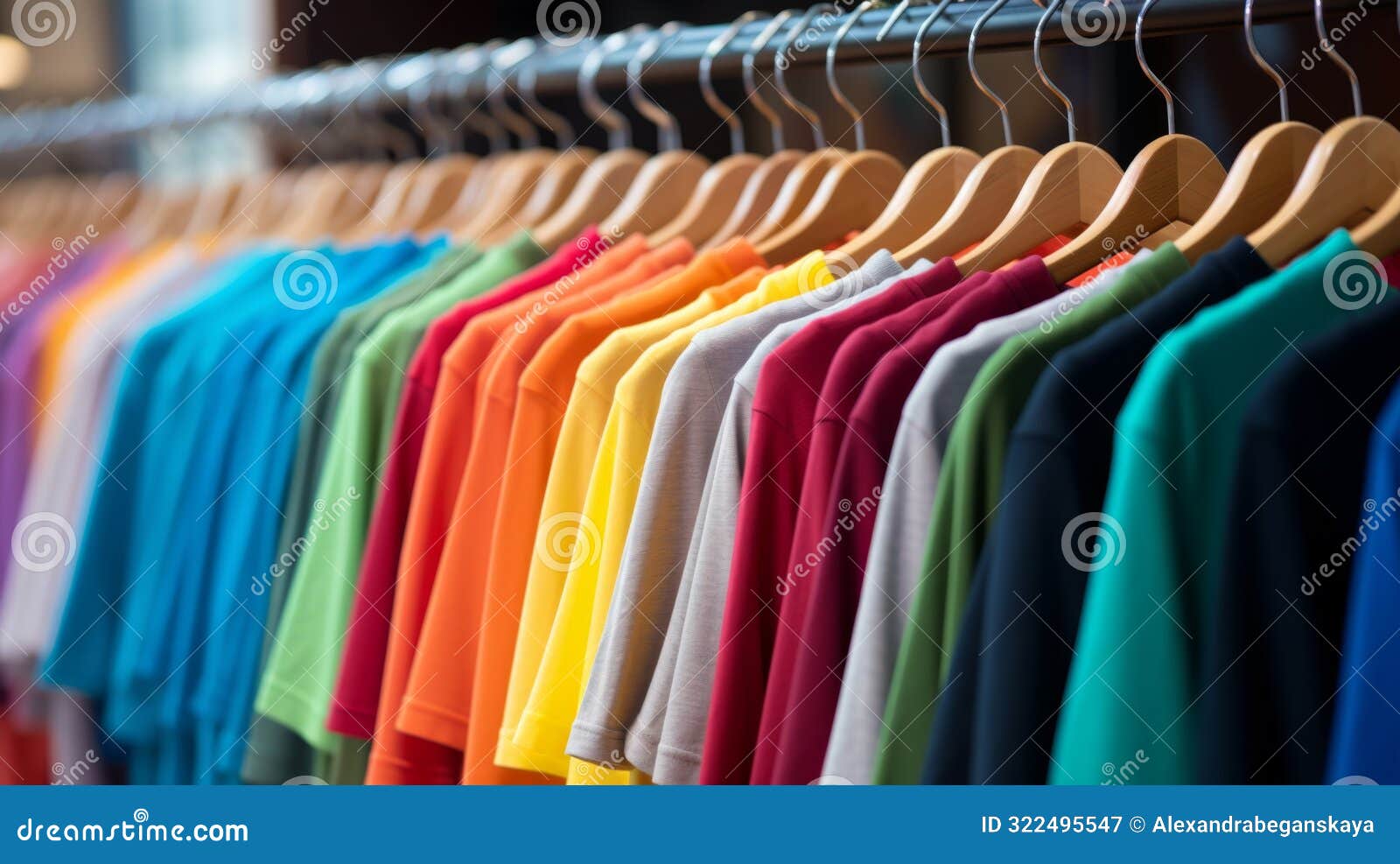 colorful t-shirts on display in clothing store