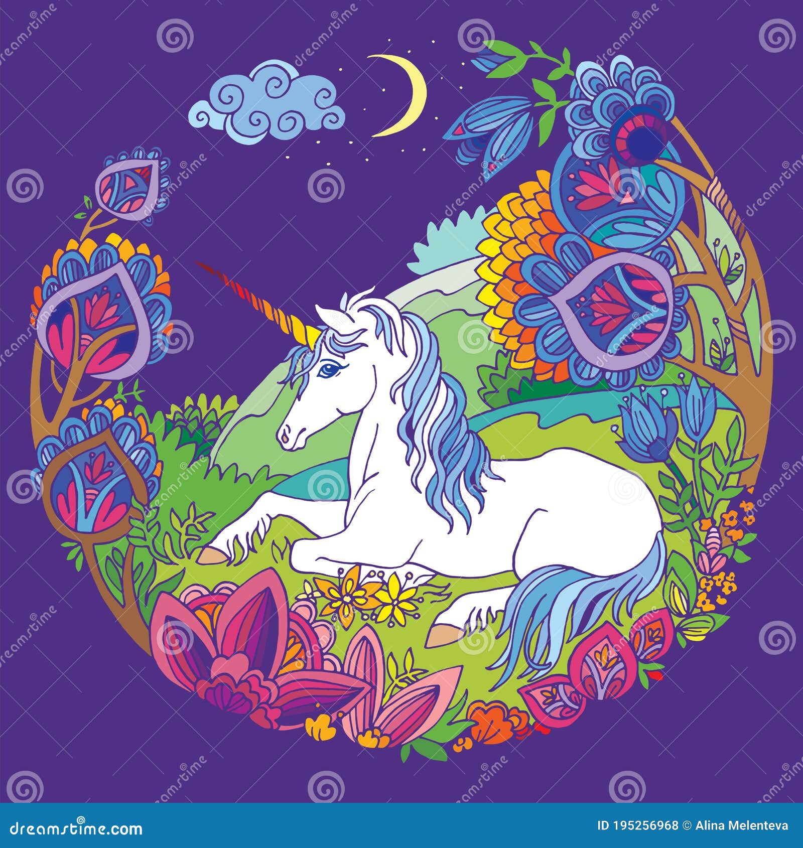 colorful tangled unicorn and flowers  purple