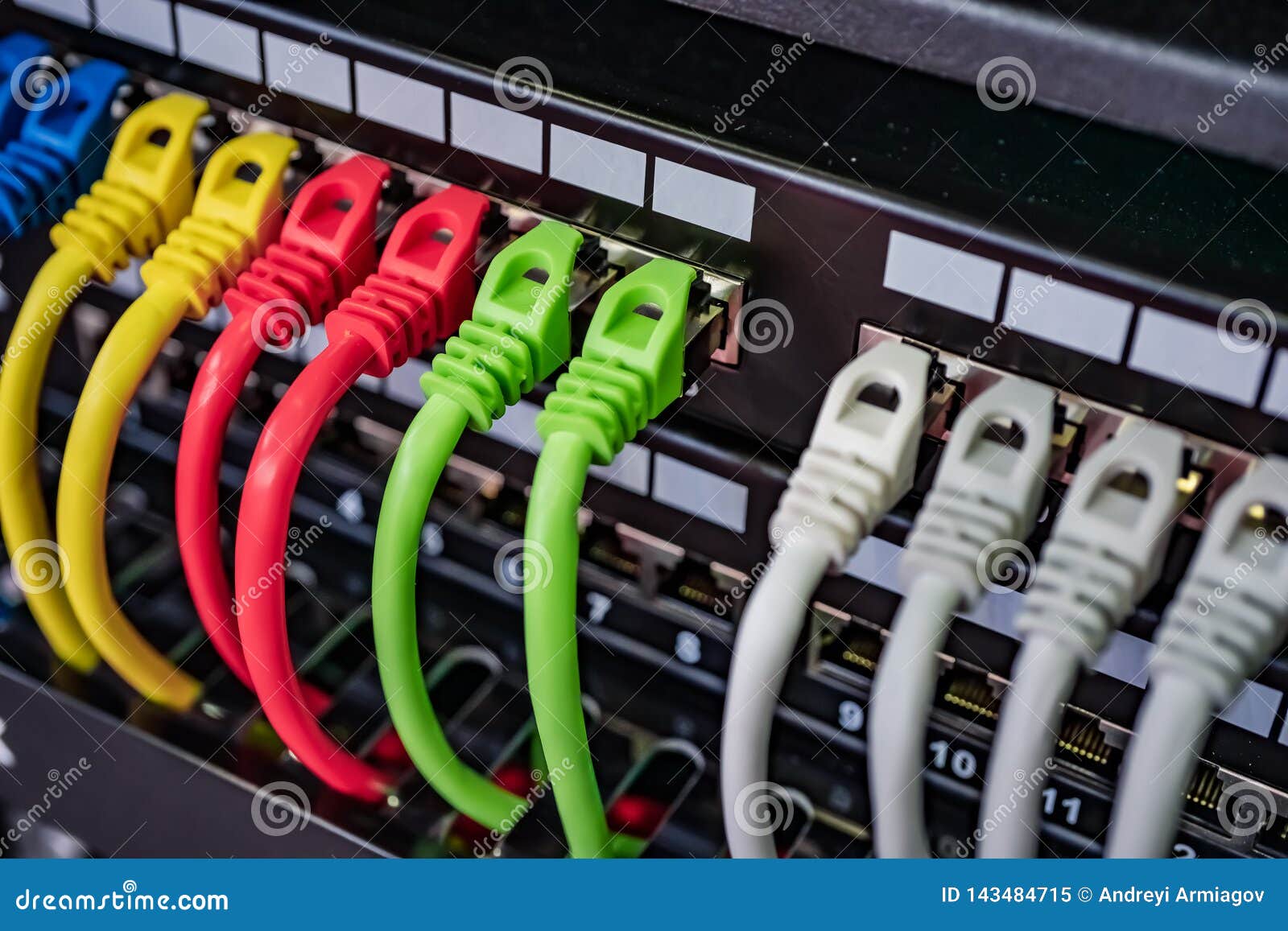 colorful telecommunication colorful ethernet cables connected to the switch in internet data center