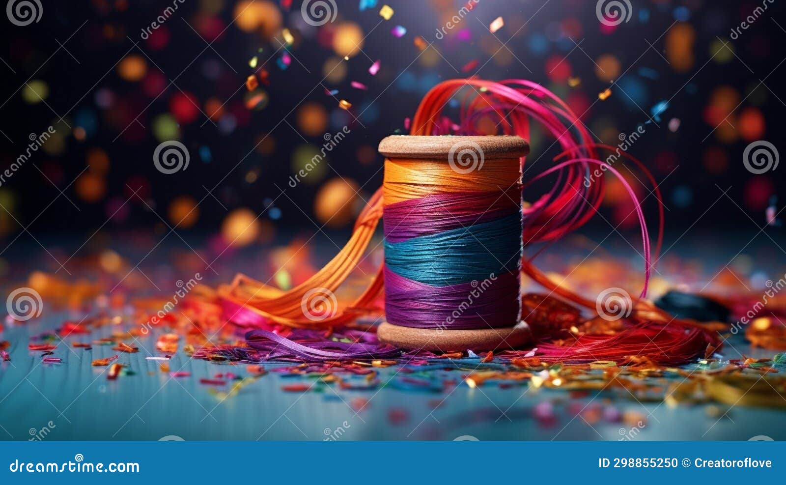 Colorful Thread Reel with Colorful Glitter in Background Stock