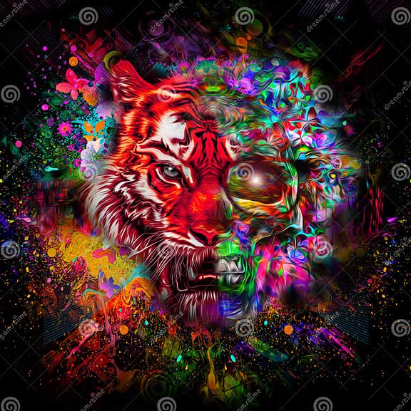 Colorful Tiger Head with Half Skull Stock Illustration - Illustration ...