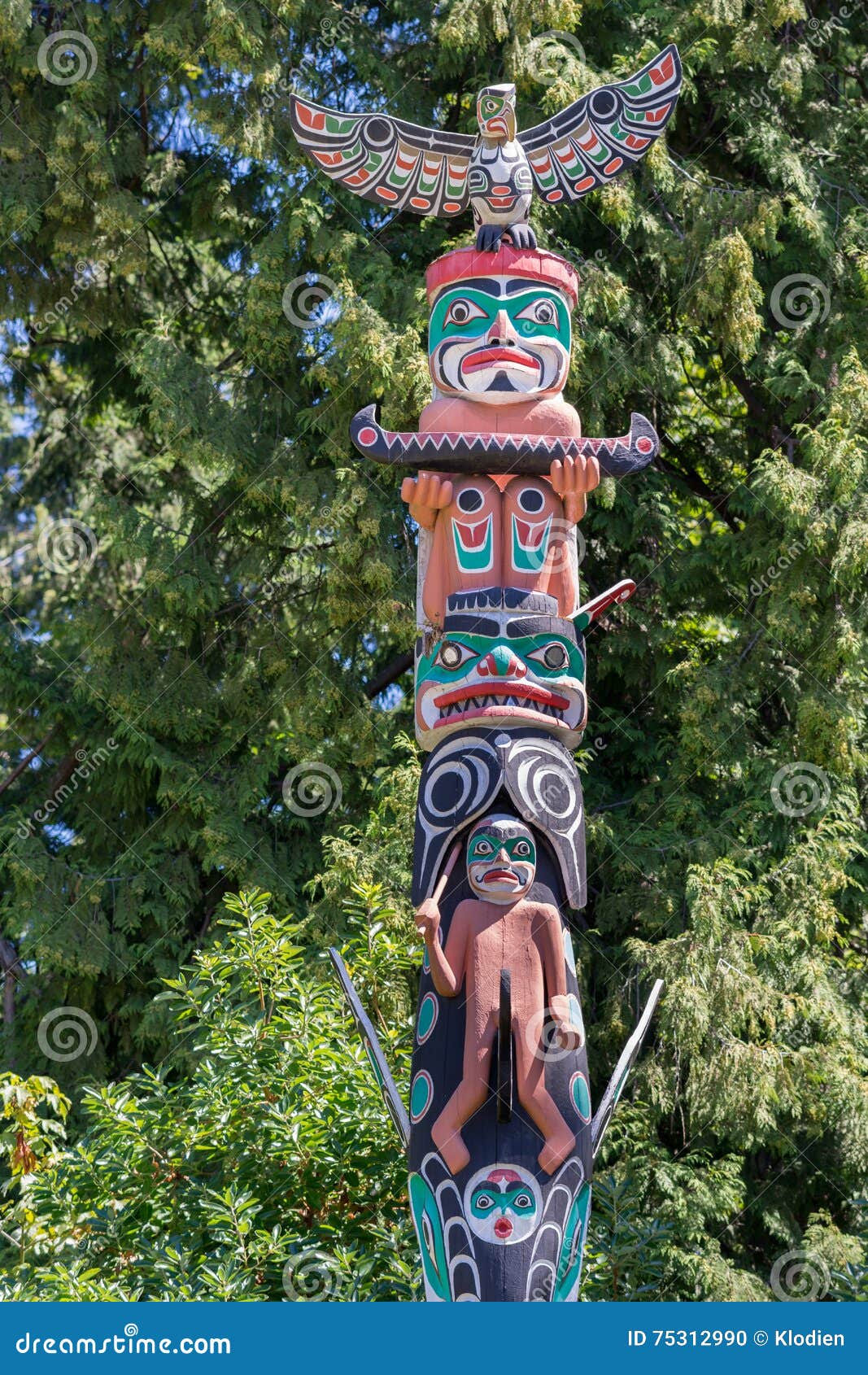 Colorful Totem Pole in Vancouver Stanley Park. Stock Photo - Image of ...