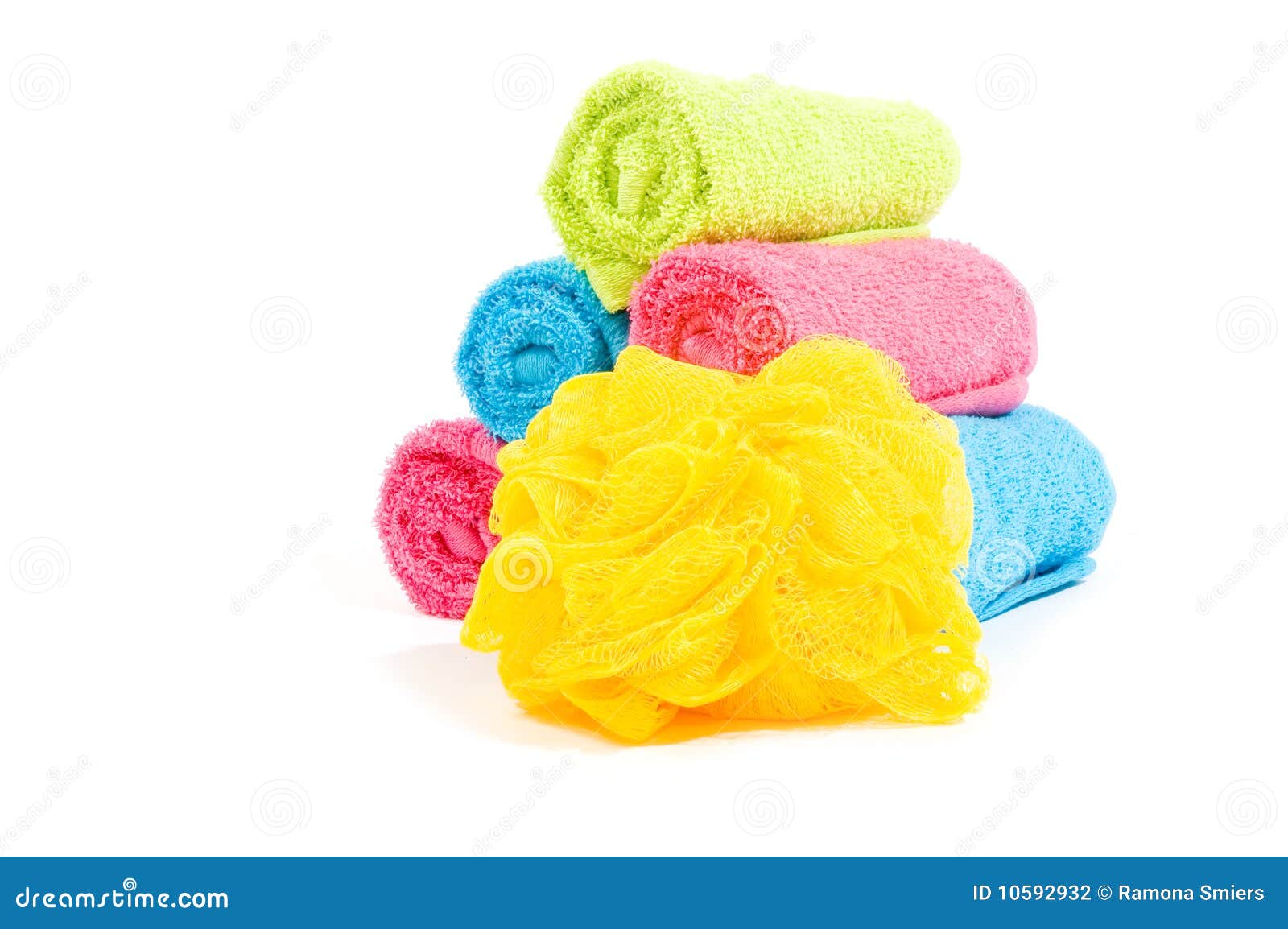 Colorful Towel Rolls with Yellow Bath Sponge Stock Photo Image of care, wash 10592932