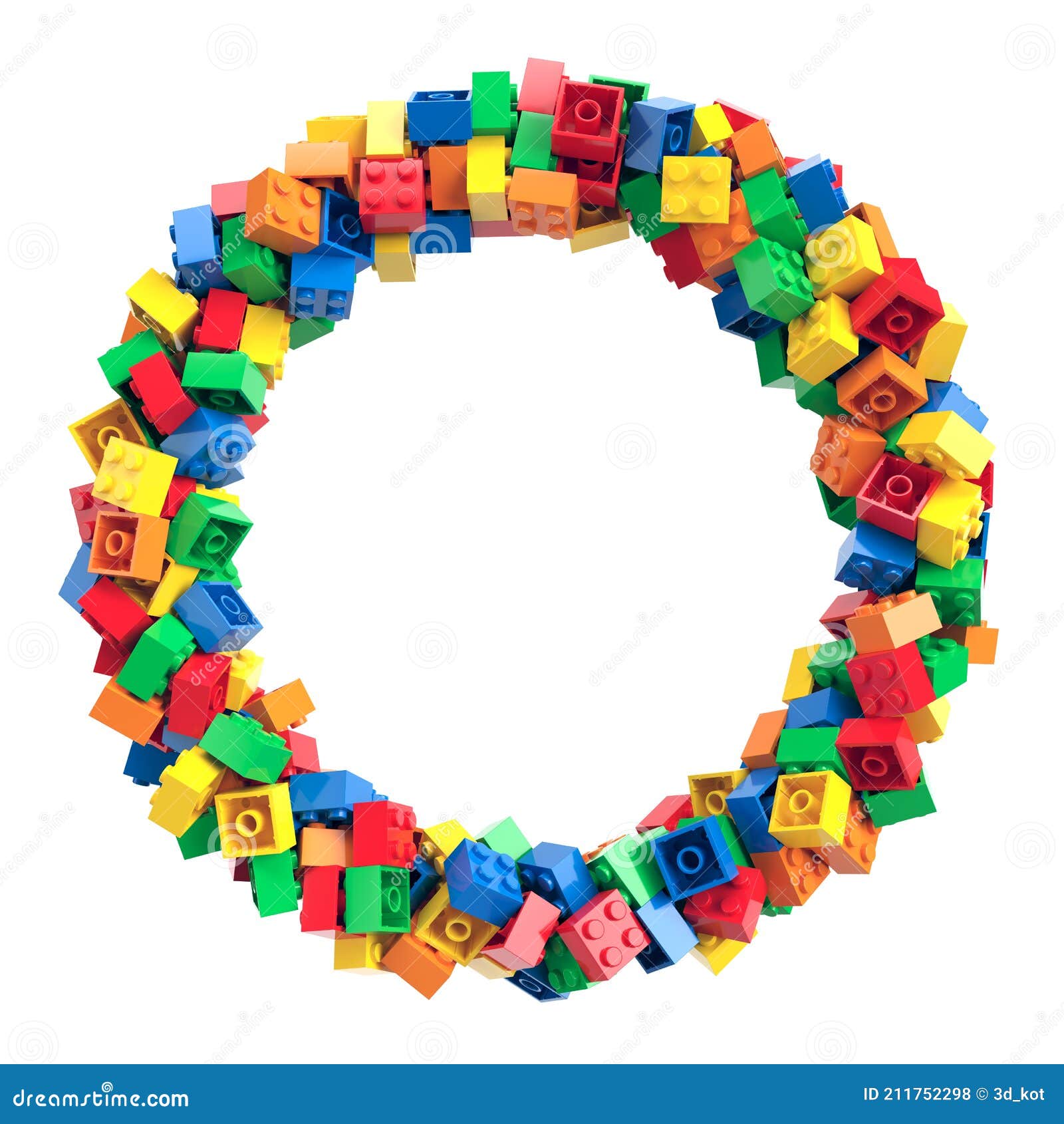 colorful toy bricks randomly arranged in circle frame. 3d rendering