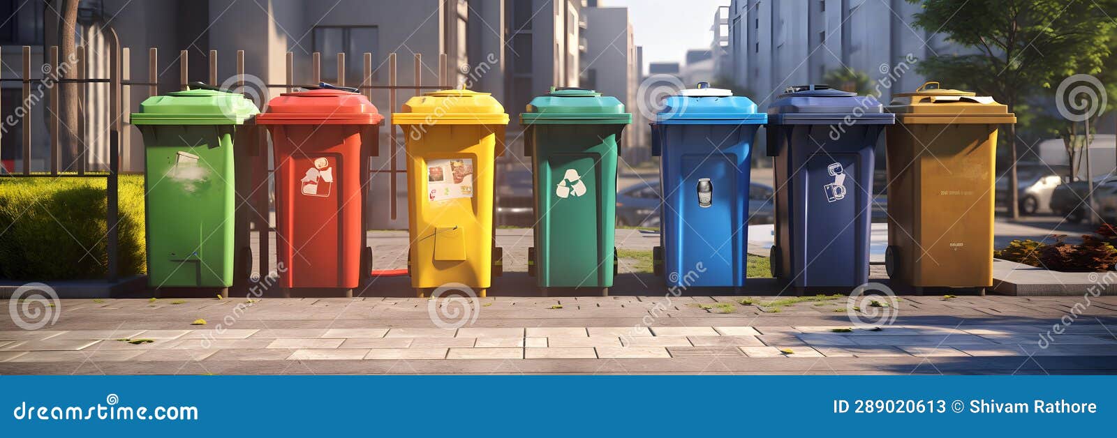 Colorful Trash Cans Lined Up on a Sidewalk. AI Generated Stock