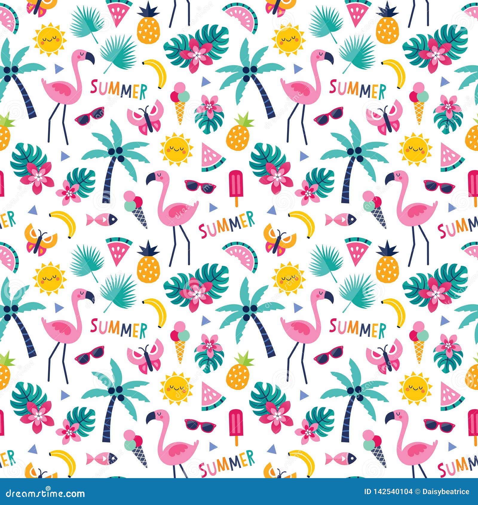 Colorful Tropical Pattern with Flamingo Pineapple Palm Trees Stock ...