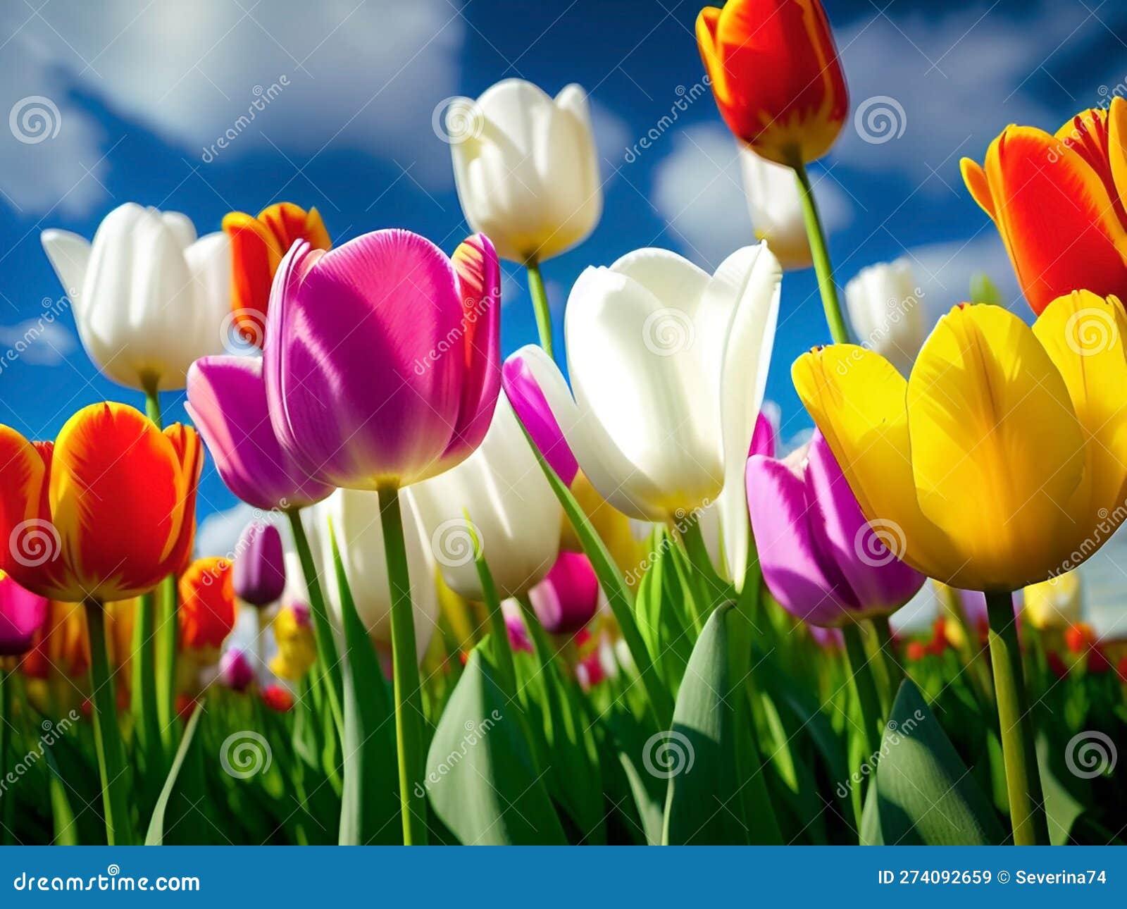 colorful tulips in a tulip field against blue sky at spring day. beautiful tulipanes flower for postcard