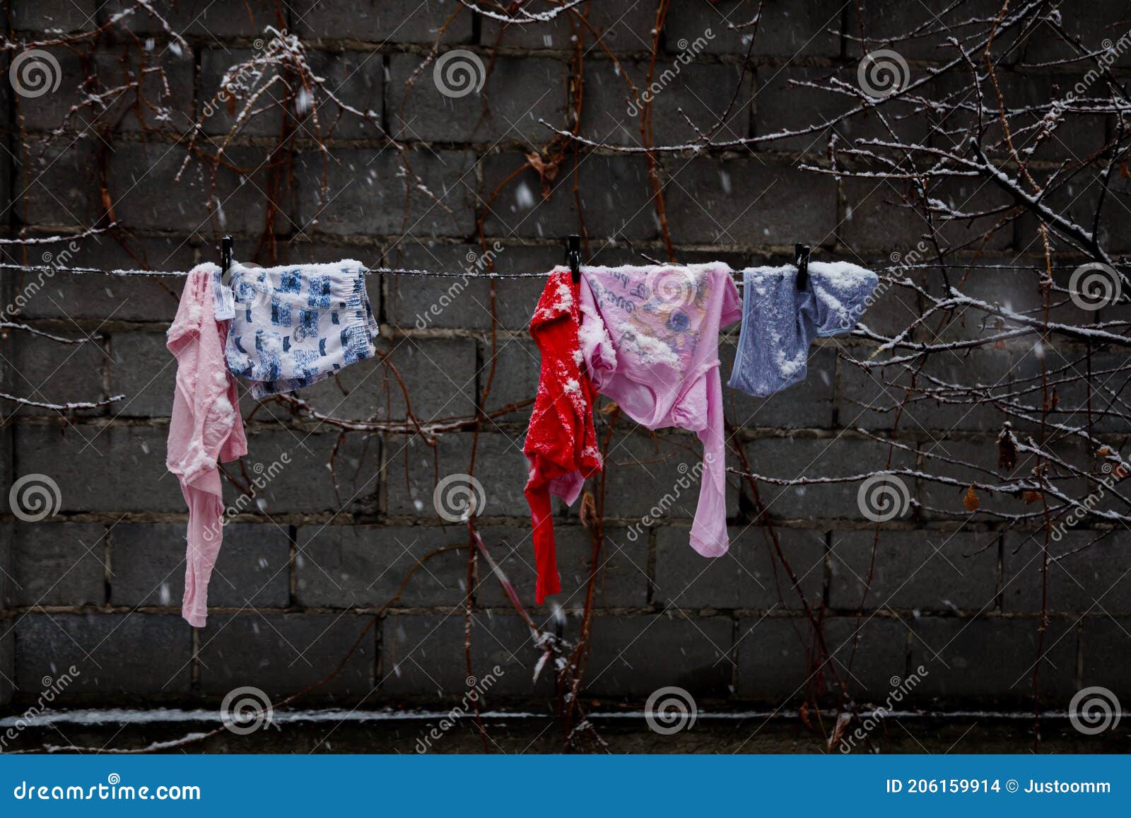 Underwear Hanging on a Clothesline in Winter in the Cold Stock Photo